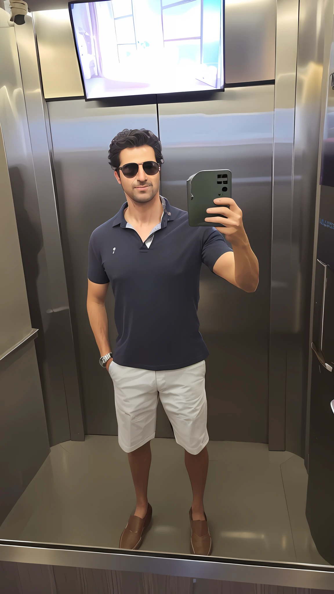 araffe taking a selfie in a lift with a cell phone, wearing polo shirt, wearing shorts and t shirt, wearing a dark blue polo shirt, selfie of a man, about 3 5 years old, standing in front of a mirror, wearing pants and a t-shirt, he is about 4 0 years old, he is about 40 years old