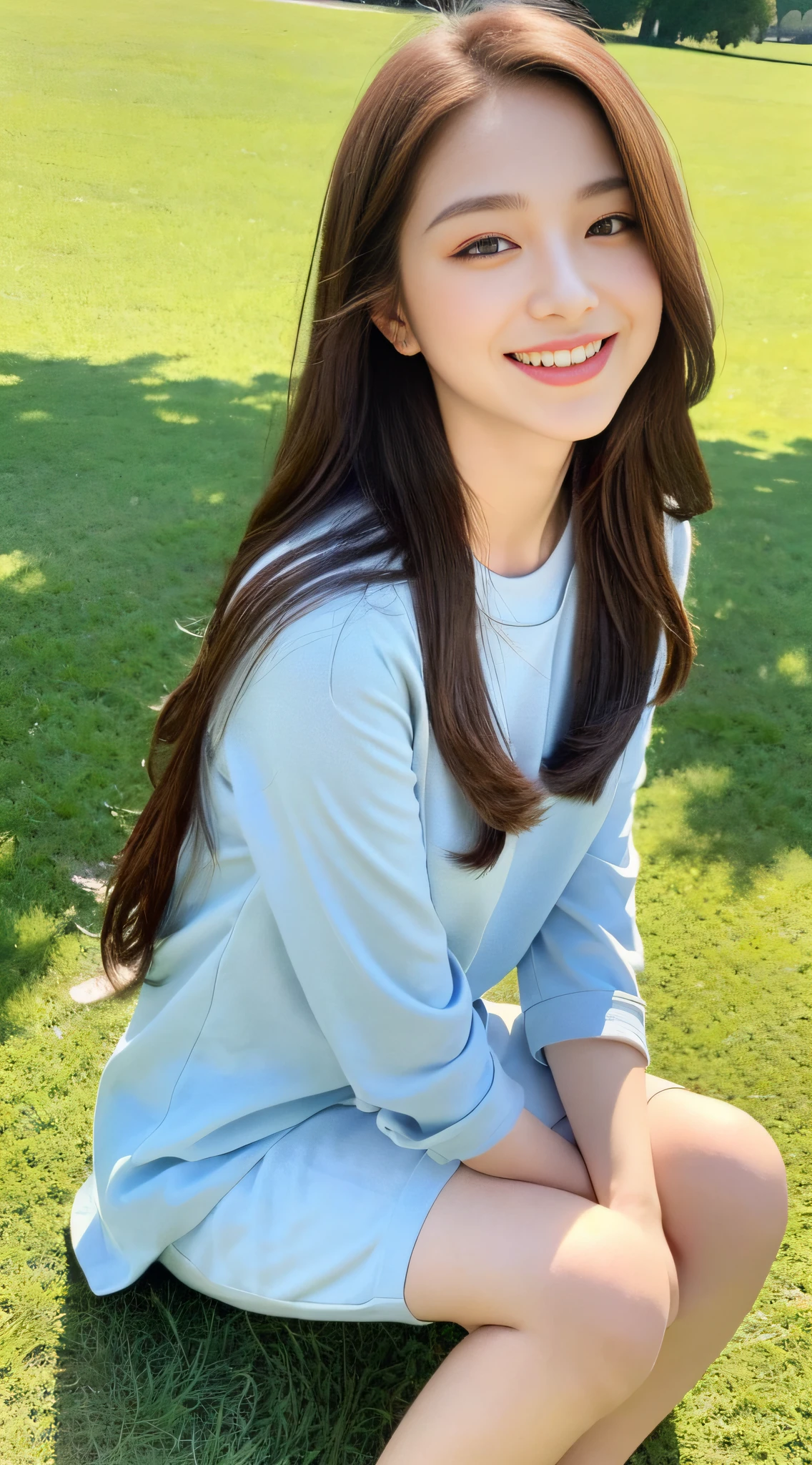 ((Best Quality, 8K, Masterpiece: 1.3)), 1girl, (Full Body,) Casual wear, long hair, super fine face, Fine eyes, Double eyelids, smile, sitting on the lawn, sunny