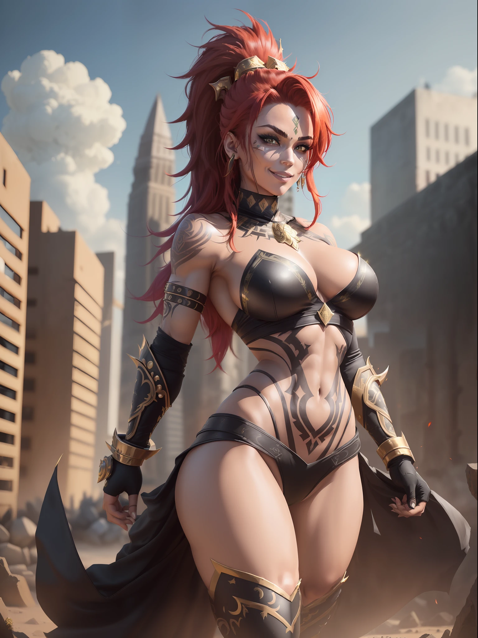 ((Full body):2) (({Only 1/Female}):2):{((wearing black Spartan warrior costume with gold parts, extremely sexual, short and tight on the body):1.5), (( extremely large breasts):1.5), ((red mohawk hair, red eyes):1.5) ((tattoos all over body, blood running down body, looking at viewer, seductive smile):1.5), ((striking erotic poses) :1.5)}; {((Background:Spartan city full of Spartan warriors):1.5)}, Hyperrealism, 16k, ((best quality, high details): 1.4), anatomically correct, masterpiece, UHD
