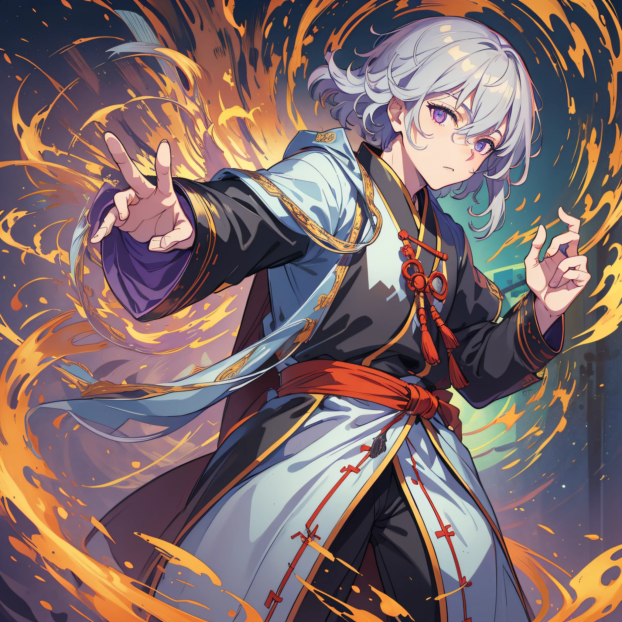 (Masterpiece: 1.2, Best Quality), (Fine Beautiful Eyes: 1.2), (Very Detailed CG Unity 8k wallpaper, Masterpiece, Best Quality, Ultra Detail, Best Shadow), (Detailed Background), (Beautiful Detail Face, Beautiful Detail Eyes), High Contrast, 2men, 2 Taoist Priests, 2 Taoist Priests in Taoist robes, Taoist temple background, Dynamic angle, Full body, Cowboy shot, gray hair, Purple eyes,