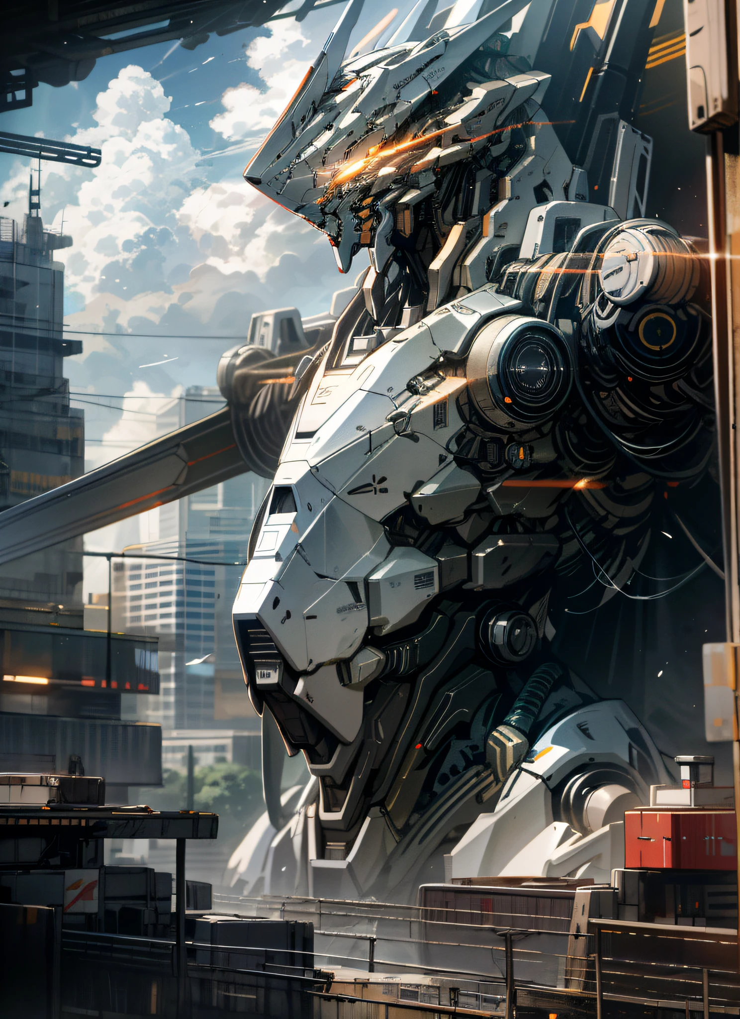sky, cloud, holding_weapon, no_humans, glowing, , robot, building, glowing_eyes, mecha, science_fiction, city, realistic,mecha