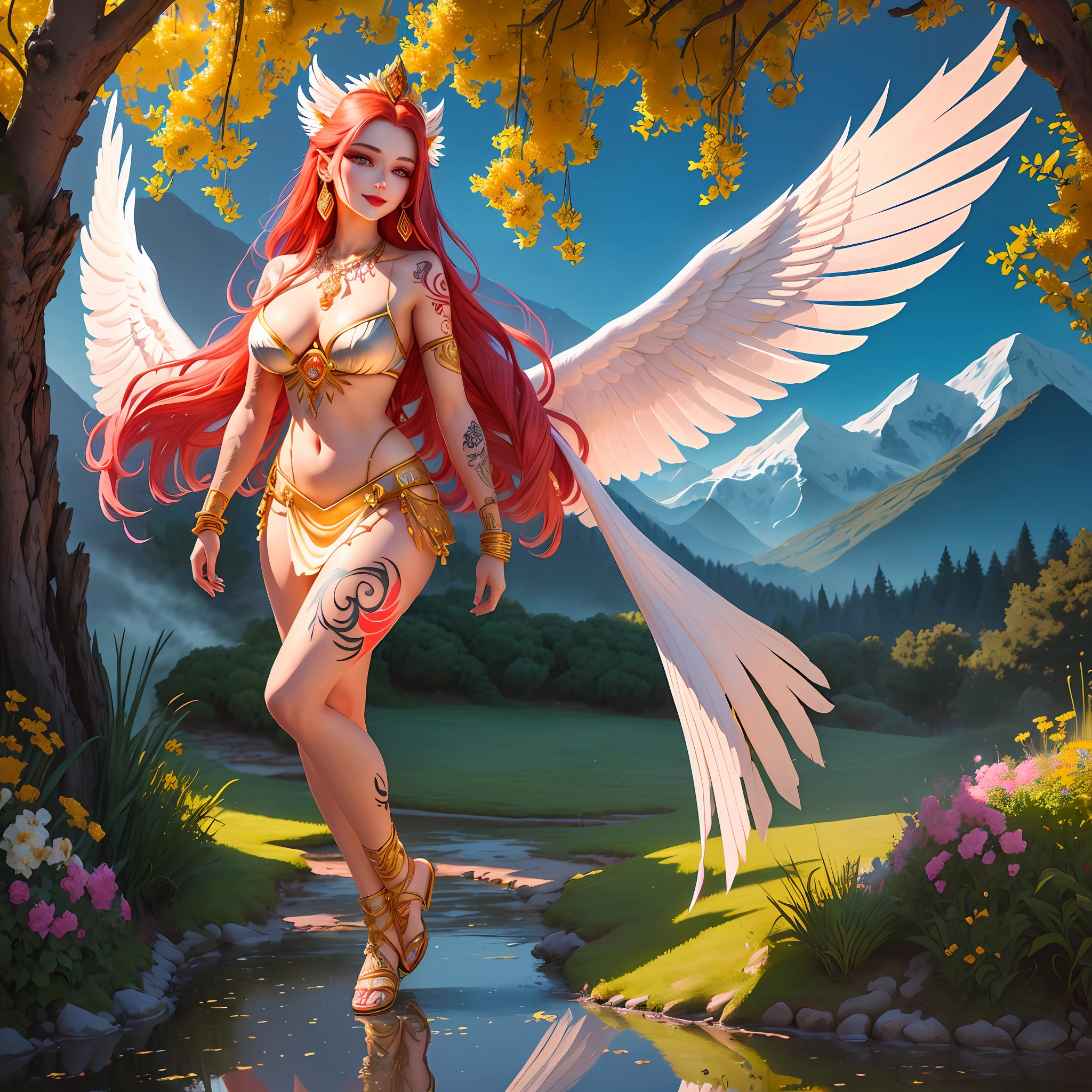 a female half demon angel with white wings and flying in the sky, on his back, long red hair, green eyes, very beautiful, sensual, transparent nightgown, thick lips with red lipstick, thin waist, wide hips, thick legs, belly out, smiling, full body, super detailed, ultra realistic, 4K, anime style, background with mountains and blue sky with pasture,  sensual dynamic pose, body covered with dew, reflection of lights in the hair and dew, necklace of precious stones, gold and ruby bracelet, glistening earrings, lightly made up, nails painted red, pink blush on the cheeks, eyes with eyeliner, eyelashes, lightly made up eyes, dew drops by the body, wet body, piercing in the golden navel, golden sandals braided up to the shin,  flowering garden in the background with rays of sun, wearing gold and ruby tiara, ((golden tribal tattoo)), large breasts with goosebump beak, (((tattooed body)))