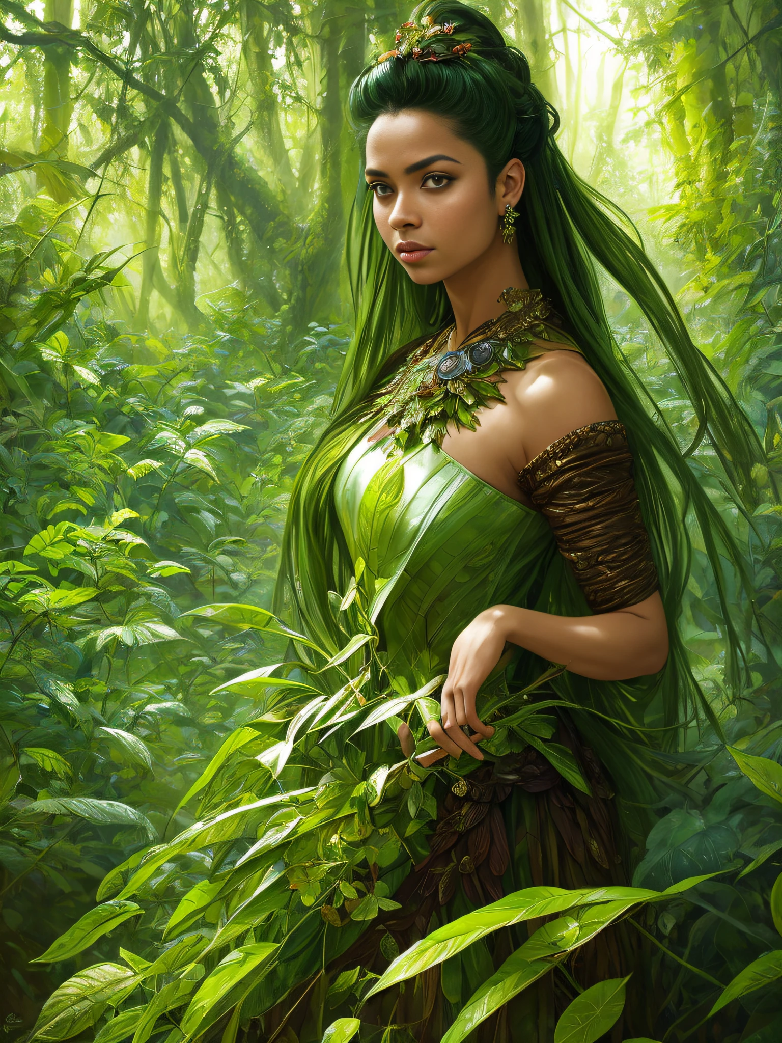 portrait of a forest mage, female, dress made of green leaves, gorgeous, green hair, brown skin, curves, forest background, highly detailed, smooth, sharp focus, chiaroscuro, digital painting, artgerm and greg rutkowski and alphonse mucha