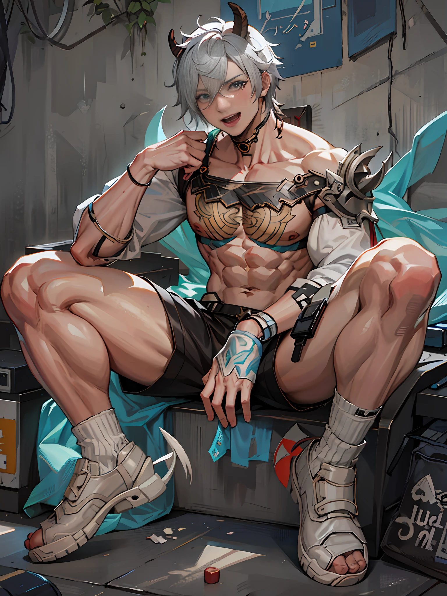 there is a man with a goat head sitting on a skateboard, muscular! cyberpunk, handsome anime pose, muscular character, commission for high res, anime character; full body art, super buff and cool, male anime character, ripped, fullbody commission for, extremely detailed artgerm, beefcake pose, muscular!!, anime handsome man, badass anime 8 k