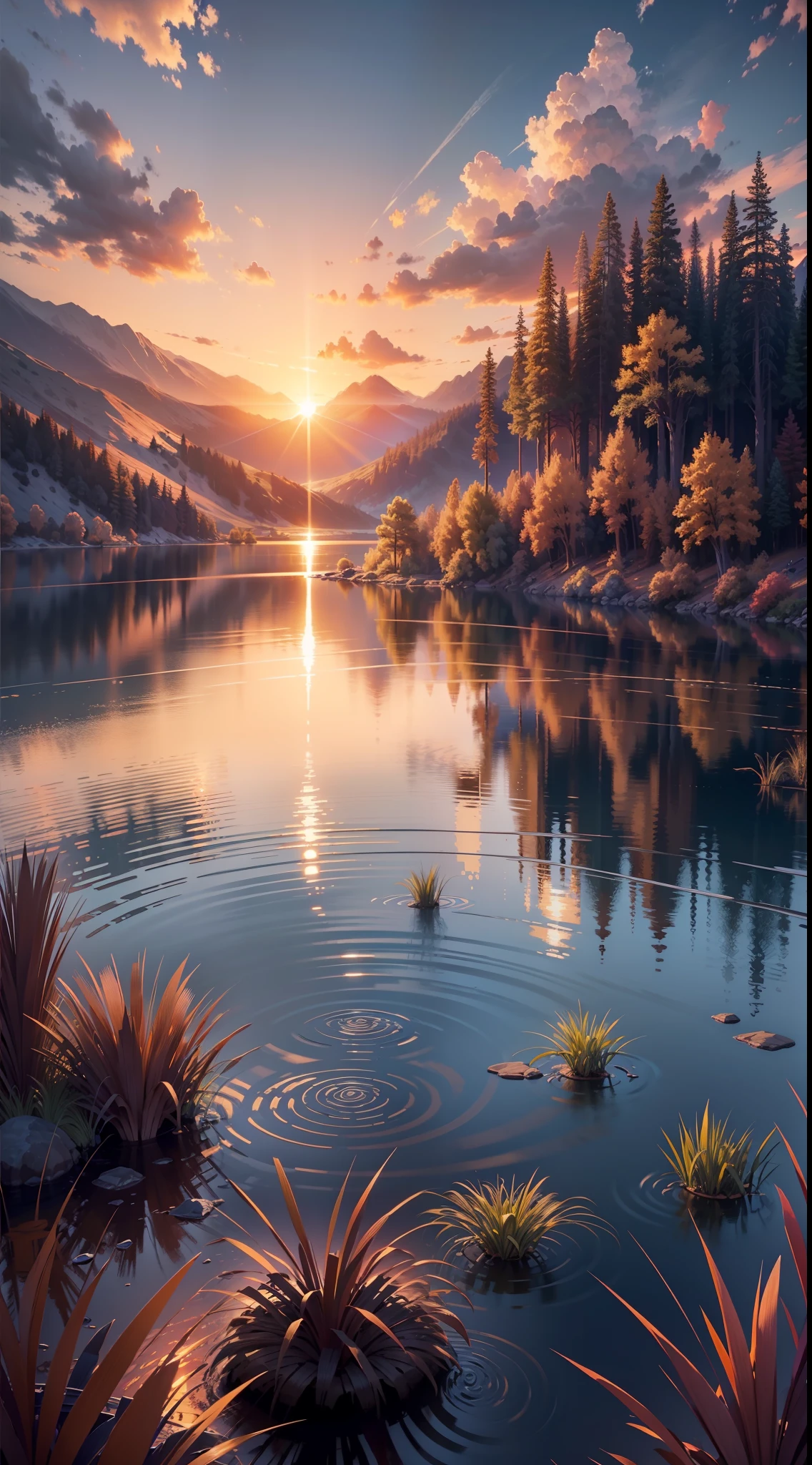 sunset, landscape, lake, (very detailed CG unity 8k wallpaper), the most beautiful artwork in the world, professional majestic oil painting, intricate, high detail, clear focus, dramatic, realistic painting art, blue sky.