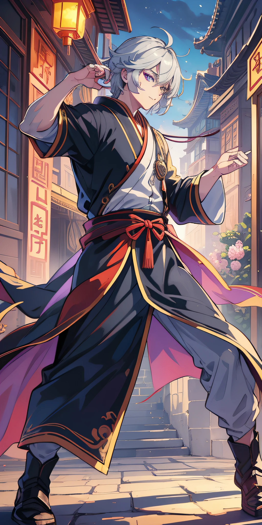 (Masterpiece: 1.2, Best Quality), (Fine Beautiful Eyes: 1.2), (Very Detailed CG Unity 8k wallpaper, Masterpiece, Best Quality, Ultra Detail, Best Shadow), (Detailed Background), (Beautiful Detail Face, Beautiful Detail Eyes), High Contrast, 2men, 2 Taoist Priests, 2 Taoist Priests in Taoist robes, Taoist temple background, Dynamic angle, Full body, Cowboy shot, gray hair, Purple eyes,