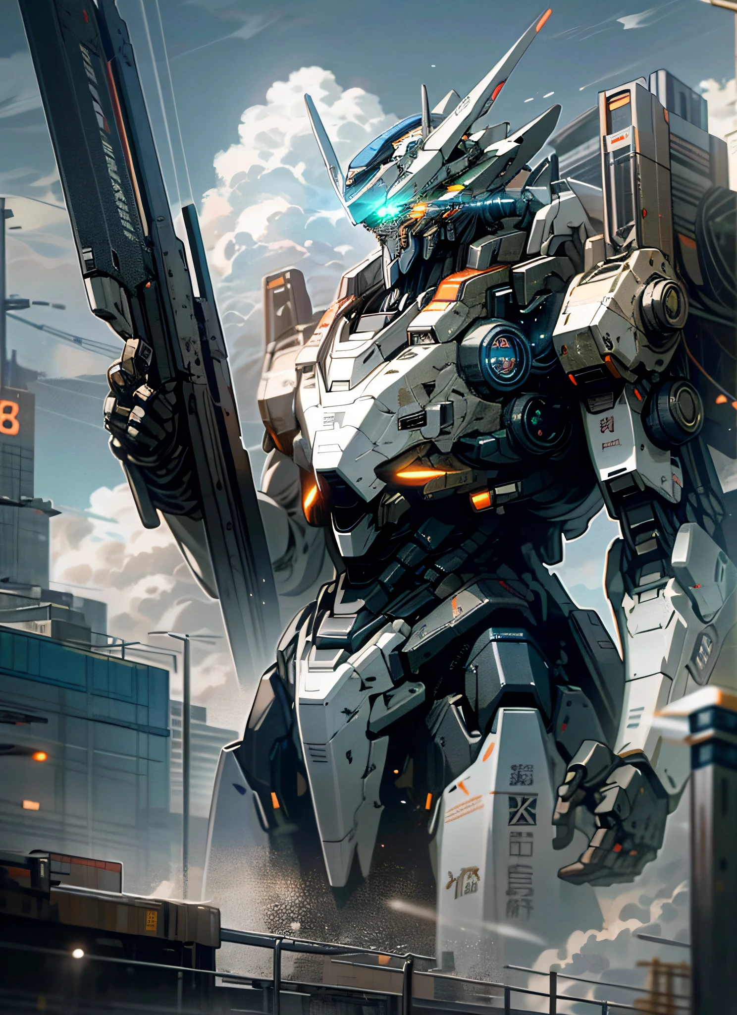 Sky, Clouds, holding_weapon, no_humans, Glow, Robot, Architecture, glowing_eyes, Mecha, Science Fiction, City, Reality, Mecha, Pacific Rim, 8K, Best Quality