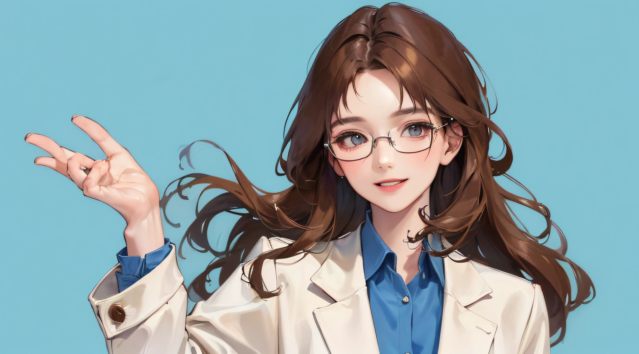 (maximum resolution, distinct_image) Best quality, (((1 woman))), masterpiece, highly detailed, semi-realistic, brown-haired, glasses, smile, bangs, 21 years old, mature, young, white Y-shirt, tailored jacket, blue background, delicate facial features, facial features