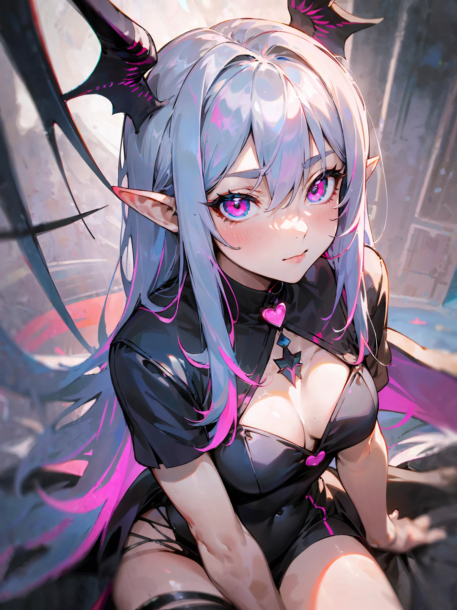 ((masterpiece, best quality)), 1girl, (mature female:1.4), 130mm f1.4 lens, 1girl, solo, pointy ears, heart-shaped pupils, microdress, from above, demon girl, flat chest, demon wings, saturated, colorful, multicolored hair, silver hair, bleu hair, multicolored eyes
