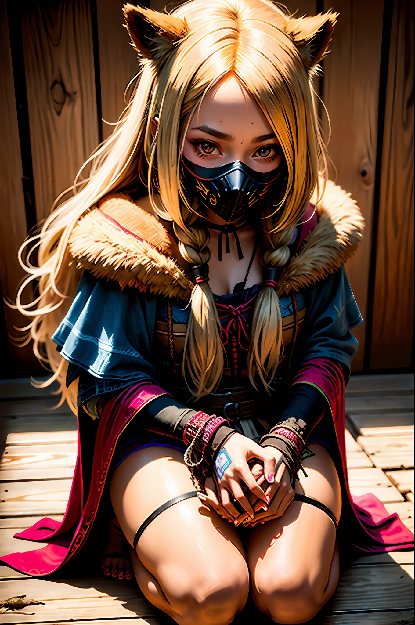 sh4g0d,
girl shaman, wearing mask made of wood, portrait, kneeling, dark blonde straight hair,