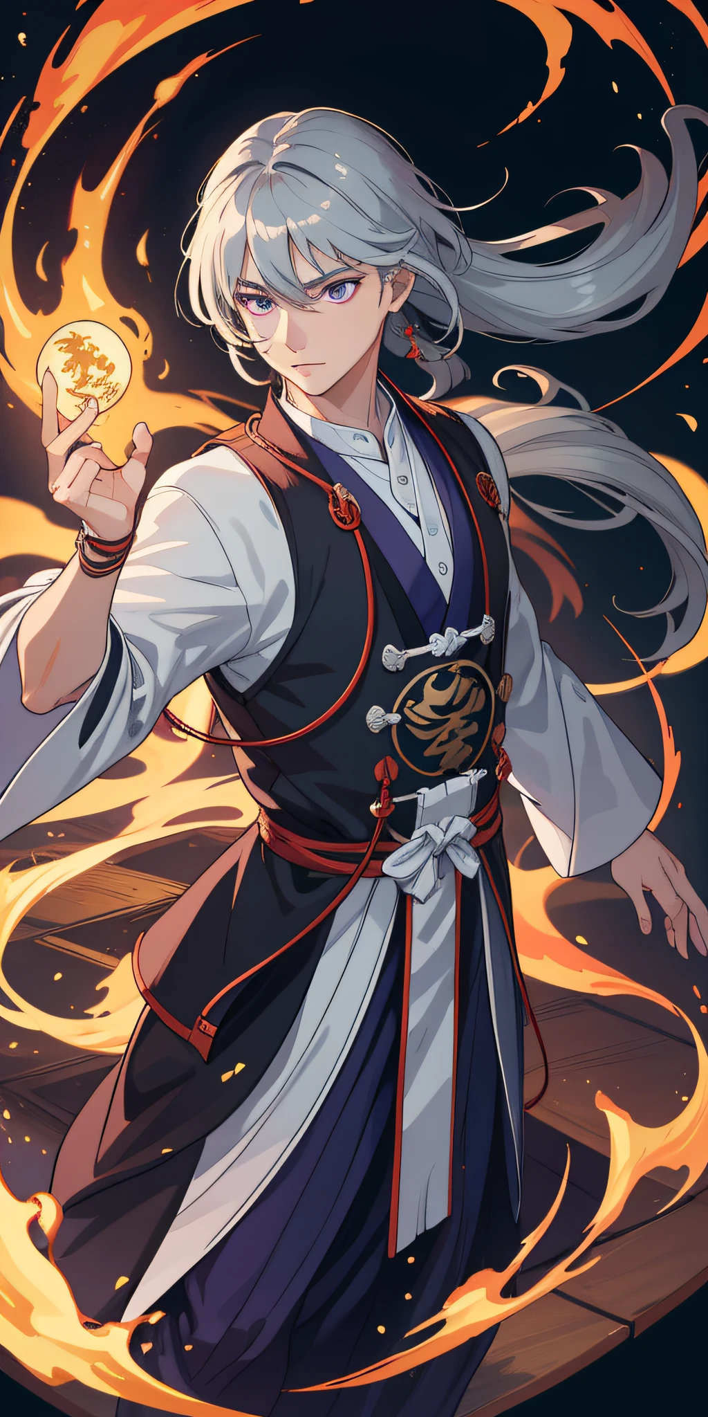 (Masterpiece: 1.2, Best Quality), (Fine Beautiful Eyes: 1.2), (Very Detailed CG Unity 8k wallpaper, Masterpiece, Best Quality, Ultra Detail, Best Shadow), (Detailed Background), (Beautiful Detail Face, Beautiful Detail Eyes), High Contrast, 2men, 2 Taoist Priests, 2 Taoist Priests in Taoist robes, Taoist temple background, Dynamic angle, Full body, Cowboy shot, gray hair, Purple eyes,