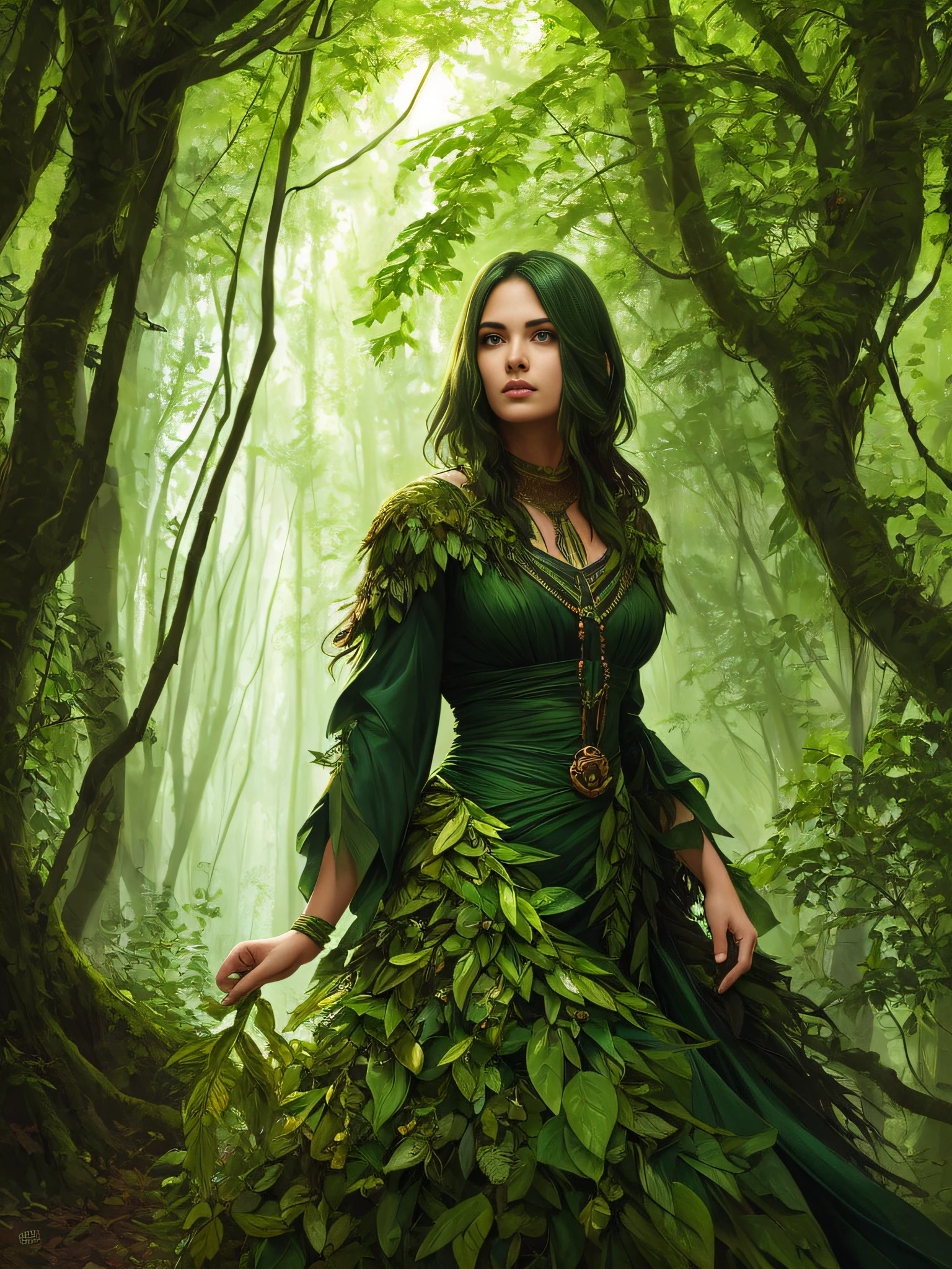 portrait of a forest mage, female, dress made of green leaves, gorgeous, green hair, brown skin, curves, forest background, highly detailed, smooth, sharp focus, chiaroscuro, digital painting, artgerm and greg rutkowski and alphonse mucha
