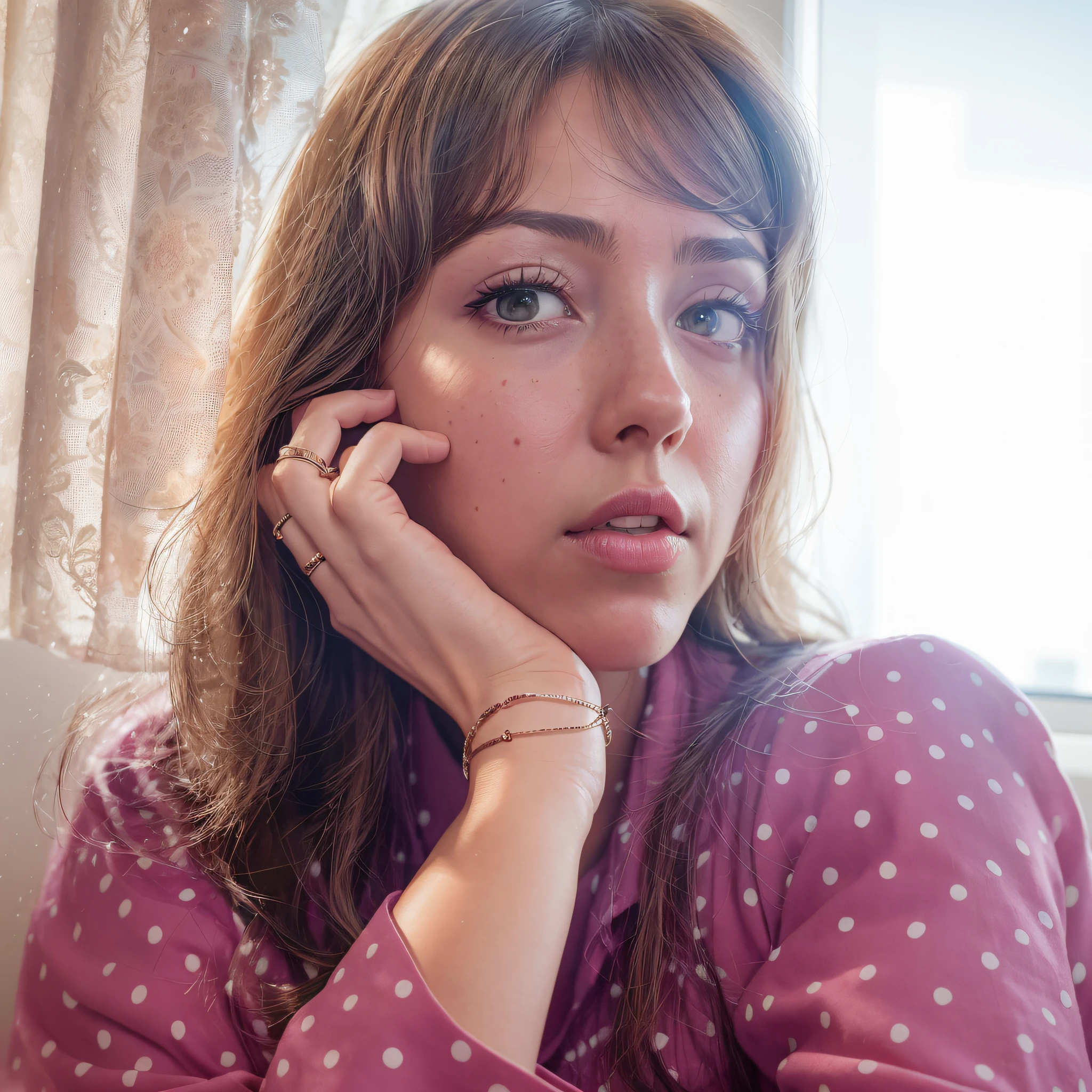 arafed woman with a pink shirt and bracelet, aubrey plaza, lofi portrait in a window, soft portrait shot 8 k, woman's face looking out of camera, max caulfield portrait, detailed portrait shot, ( ( ( emma lindstrom ) ), portrait shot, portrait image, color portrait, photo portrait, closeup photo portrait, profile portrait