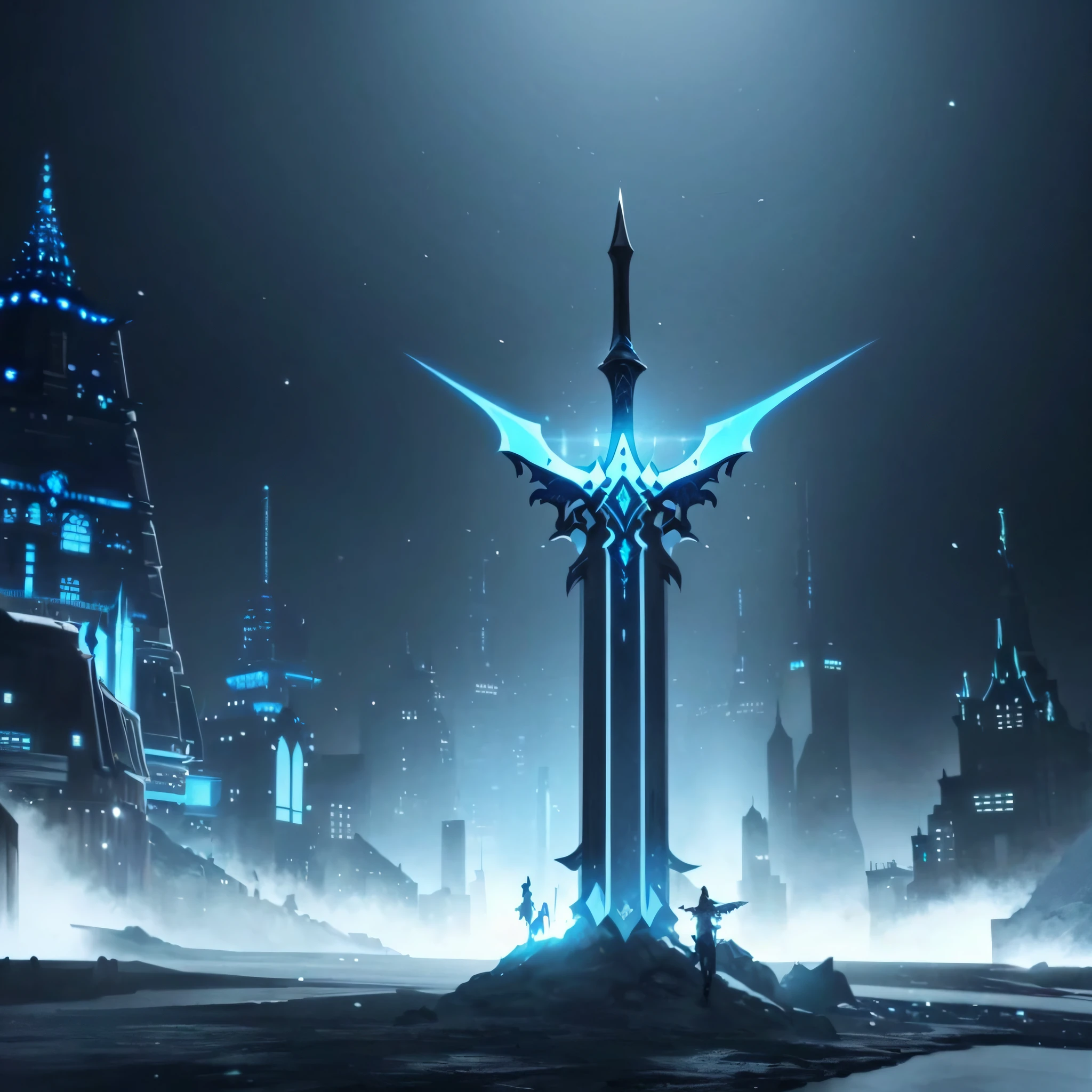 anime sword in a city with a blue light shining on it, glowing sword, chainsword in the other, sword design, steel sword, huge sword, glowing sword in hand, winter concept art, holy sword in his hands, concept art, concept art, infinity blade concept art, dramatic concept art, epic cinematic concept art, black iron sword, hollow knight concept art