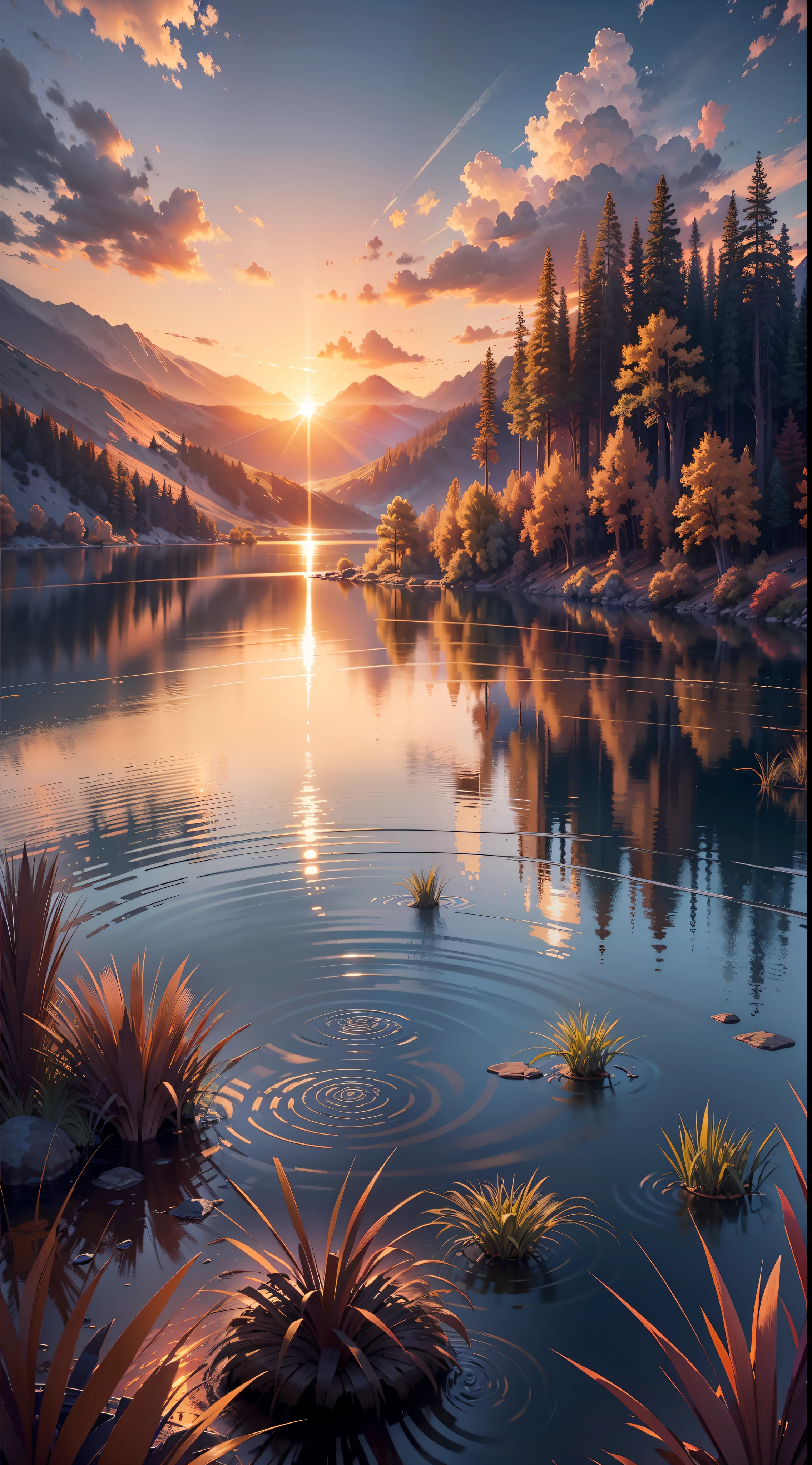 sunset, landscape, lake, (very detailed CG unity 8k wallpaper), the most beautiful artwork in the world, professional majestic oil painting, intricate, high detail, clear focus, dramatic, realistic painting art, blue sky.
