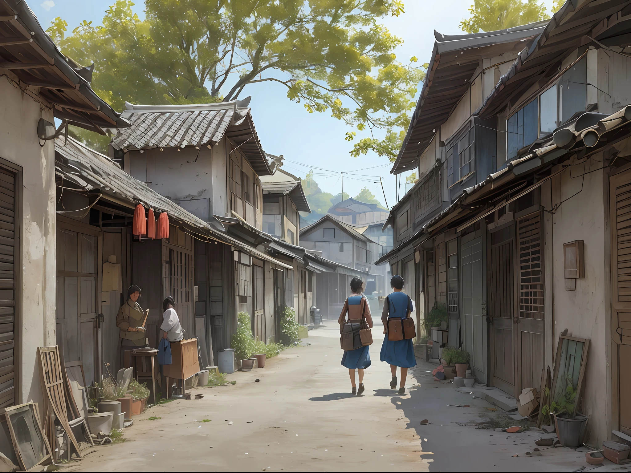, man, woman, traveler, carrying bag, village, desolate, dilapidated, a lot of shabby house ((super realistic details)), Chinese Republic of China style, global illumination, 8k,