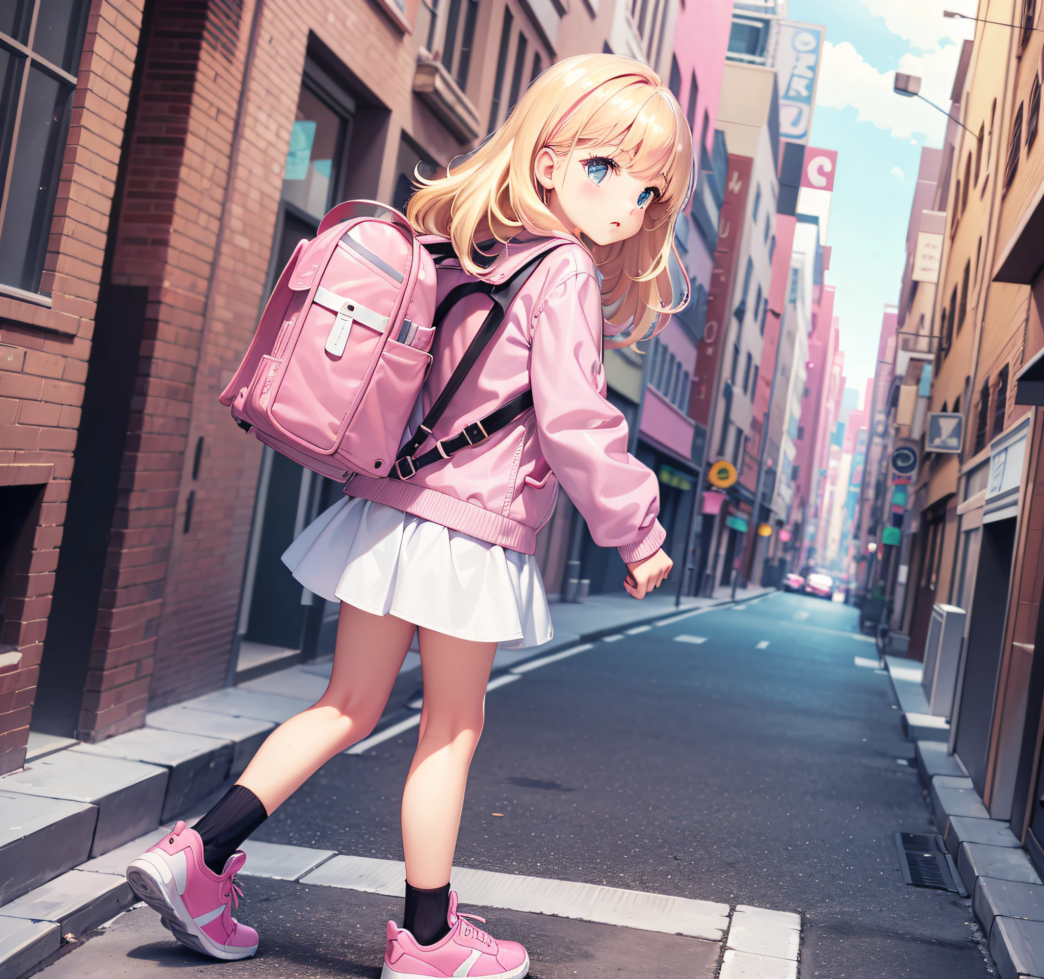 Little White Girl Character, Back, Children's Book Illustration Style, Simple, Cute Full Color, Pink Shirt, Pink Jacket, Pink Leather Shoes, Flat Color, Pink Explorer's Backpack, ((((Long and Gorgeous Blonde Hair)))), --No Outline