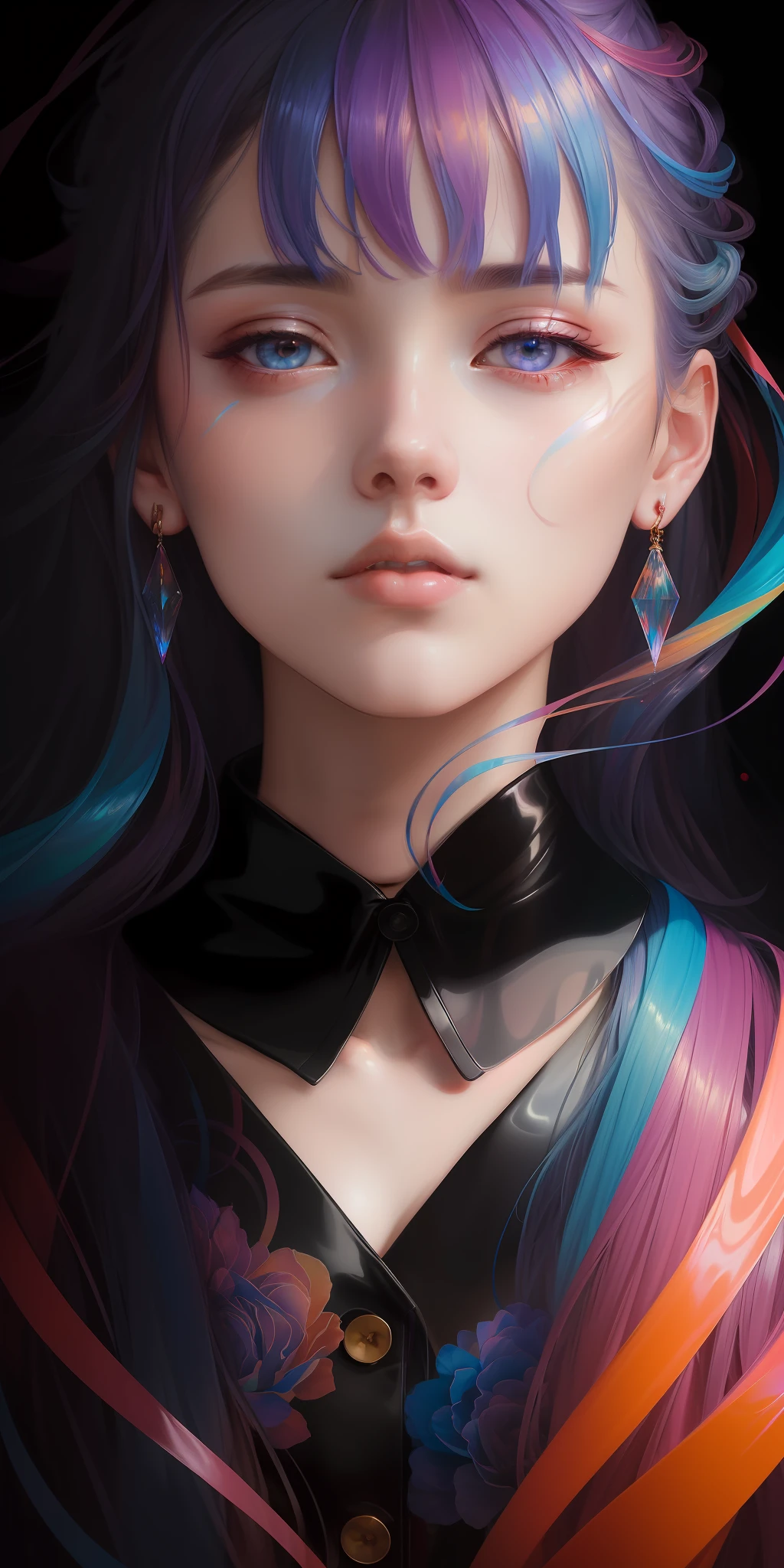 _james jean, floating female figure made of ribbons, smoke, in the sky, colorful and vibrant, mystical colors, contemporary impressionism, yanjun cheng portrait painting, iridescent painting, 3/4 perspective view, cute face, low angle, sweeping circling composition, large beautiful crystal eyes, big irises, UHD, HDR, 8K, (Masterpiece:1. 5), (the most beautiful portrait in the world:1.5)
