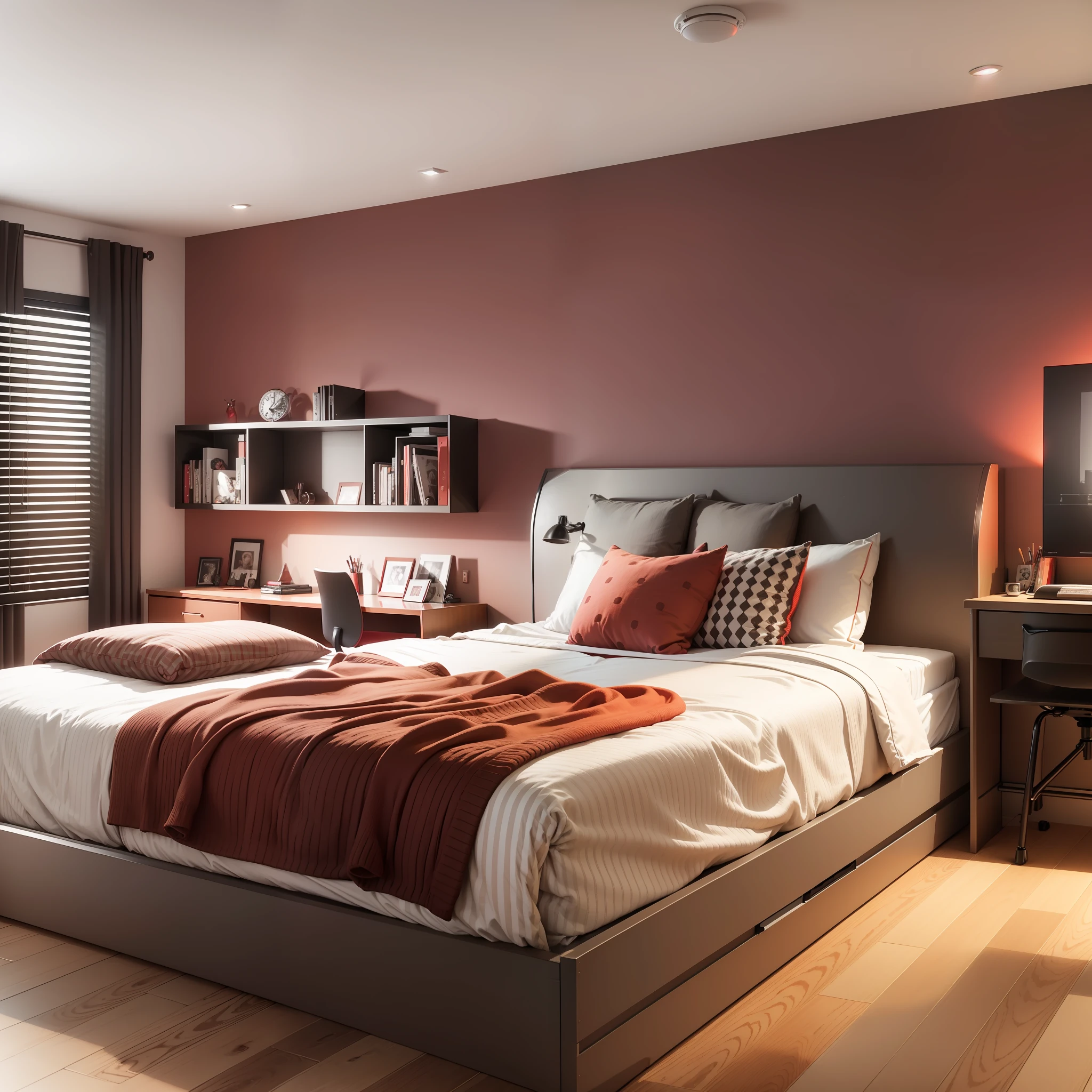 there is a bedroom with a bed, desk, and a chair, small and cosy student bedroom, studyng in bedroom, red and brown color scheme, home office interior, red and black colour scheme, red brown and white color scheme, rendered in corona, cyberpunk childrens bedroom, furnished room, red and black color scheme, rendered in lumion pro --auto --s2