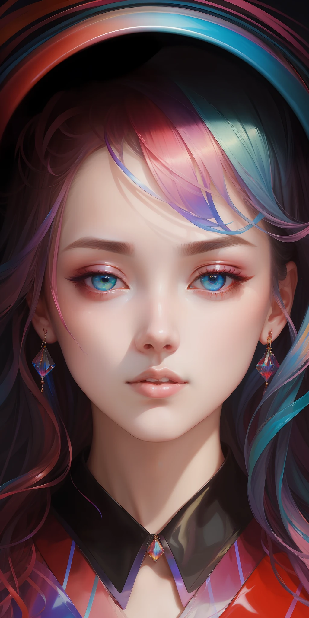 _james jean, floating female figure made of ribbons, smoke, in the sky, colorful and vibrant, mystical colors, contemporary impressionism, yanjun cheng portrait painting, iridescent painting, 3/4 perspective view, cute face, low angle, sweeping circling composition, large beautiful crystal eyes, big irises, UHD, HDR, 8K, (Masterpiece:1. 5), (the most beautiful portrait in the world:1.5)