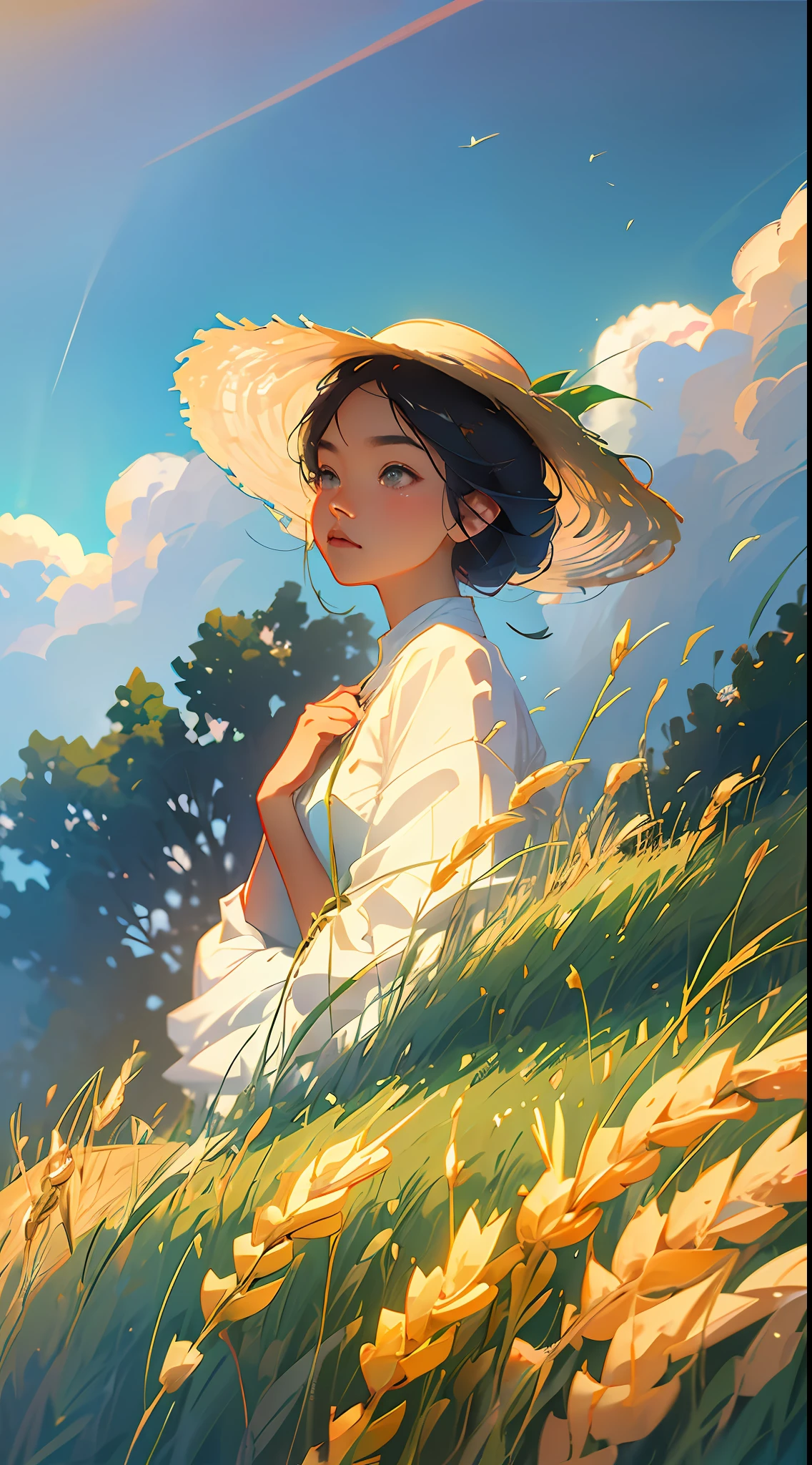 A peasant uncle with a straw hat stands in a wheat field, big clouds, blue sky, rice field, neat rice seedlings in the field, forest, hillside, secluded, countryside, HD detail, hyperdetail, cinematic, surrealism, soft light, deep field focus bokeh, ray tracing and surrealism. --v6