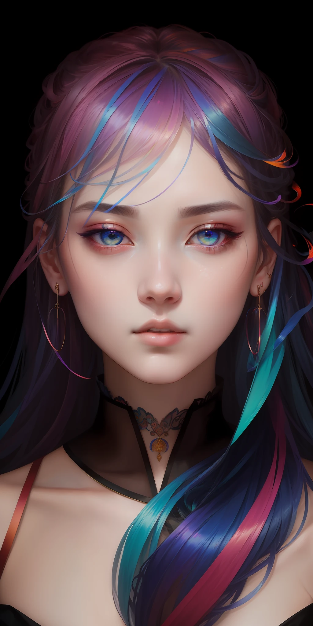 _james jean, floating female figure made of ribbons, smoke, in the sky, colorful and vibrant, mystical colors, contemporary impressionism, yanjun cheng portrait painting, iridescent painting, 3/4 perspective view, cute face, low angle, sweeping circling composition, large beautiful crystal eyes, big irises, UHD, HDR, 8K, (Masterpiece:1. 5), (the most beautiful portrait in the world:1.5)