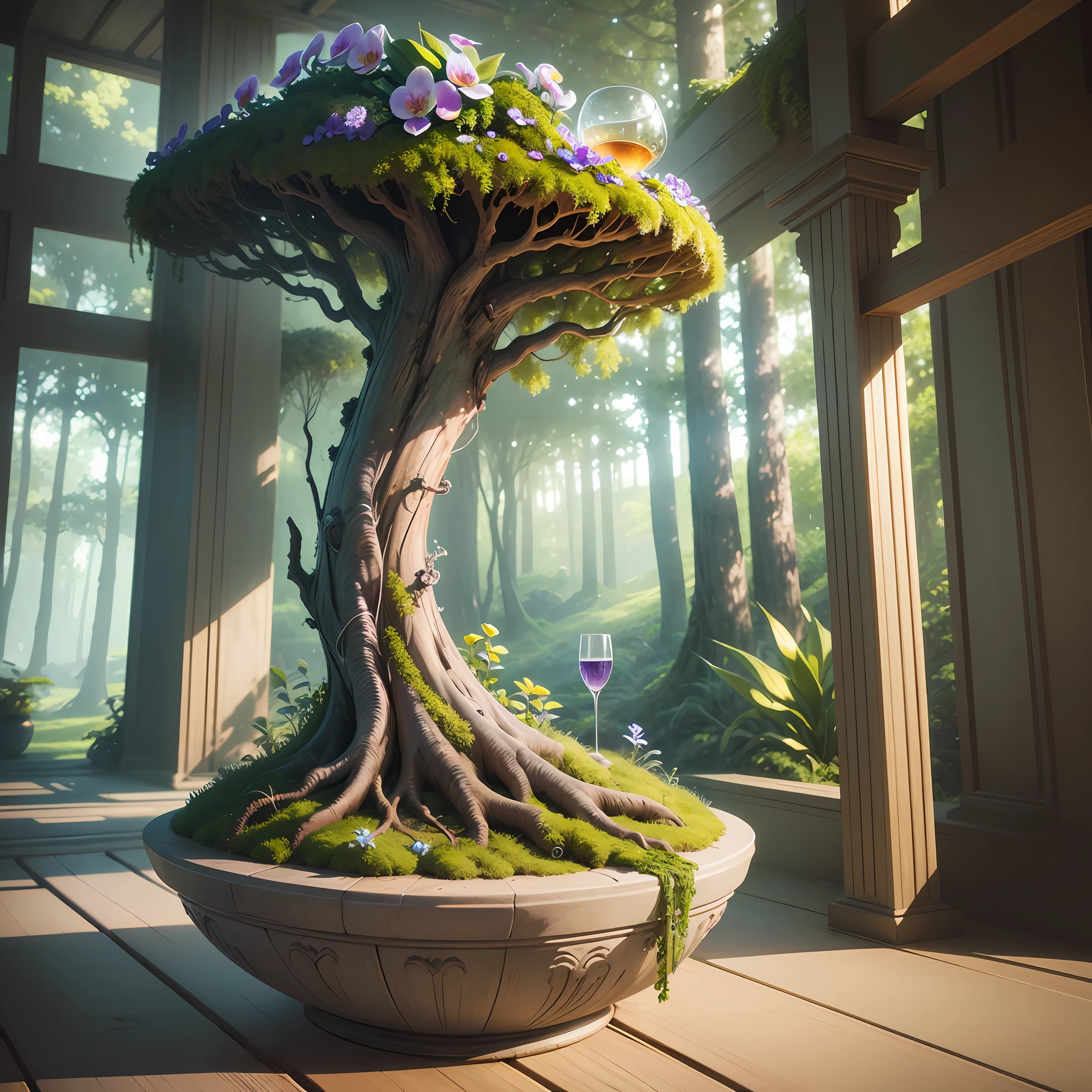 SeaArt Bot
Txt2Img
Free
22:02:32
Computer visual graphics, realistic fantasy, Extensive landscape ultrasound photography (general view showing a glass goblet, an orchid inside, roots, a tree, moss), blurred background, gloomy, yellow, green, purple