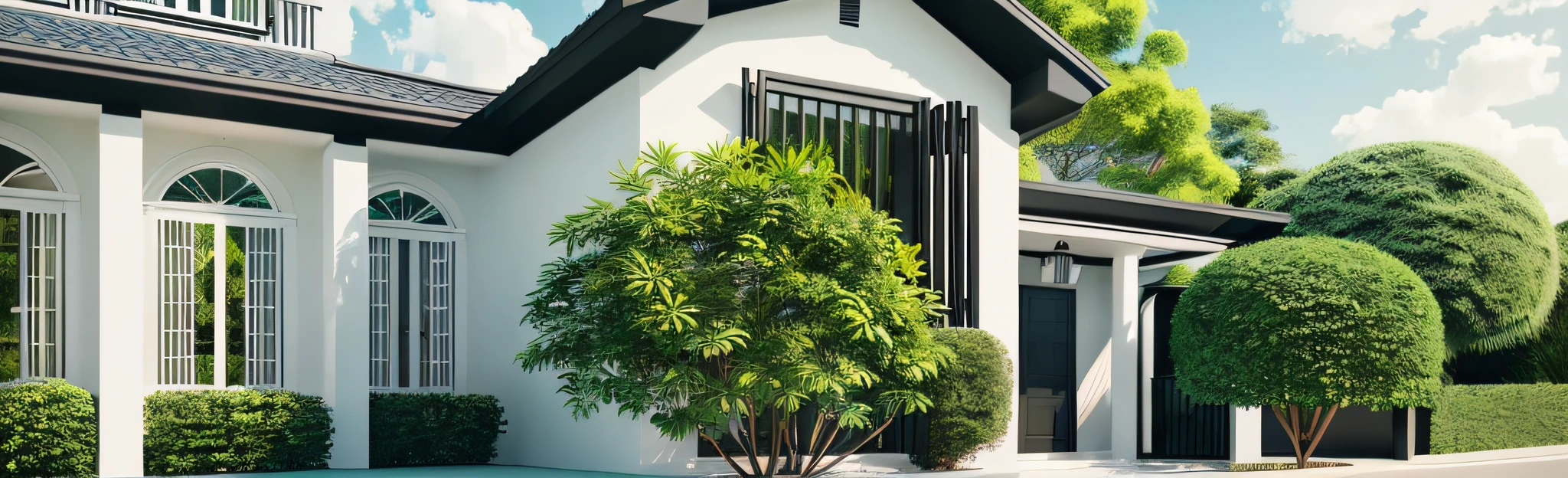 There is a white house with a black roof and a black roof with green plants in the doorway. Ultra-realistic, clear and smooth lines, bright rendering, realistic images, powerful details, stunning images, architectural visualization, retro style, looks realistic, tonal color outdoors, really realistic images, clear and smooth lines, photo realistic, beautiful images, modern look. panorama --auto --s2
