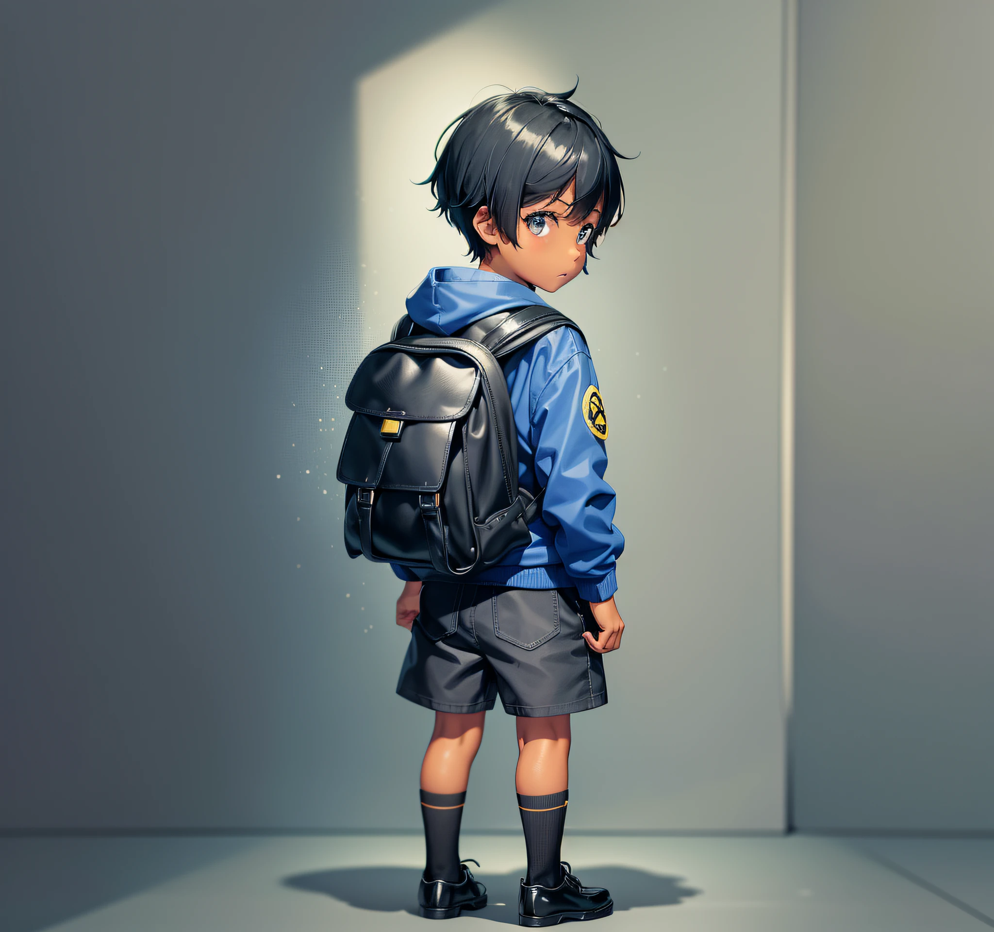 Little Black Boy Character, Back, Children's Book Illustration Style, Simple, Cute Full Color, Blue Shirt, Yellow Jacket, Black Bermud, Black Leather Shoes, Flat Color, Explorer's Backpack, Short Hair Soldier Style, --No Outline