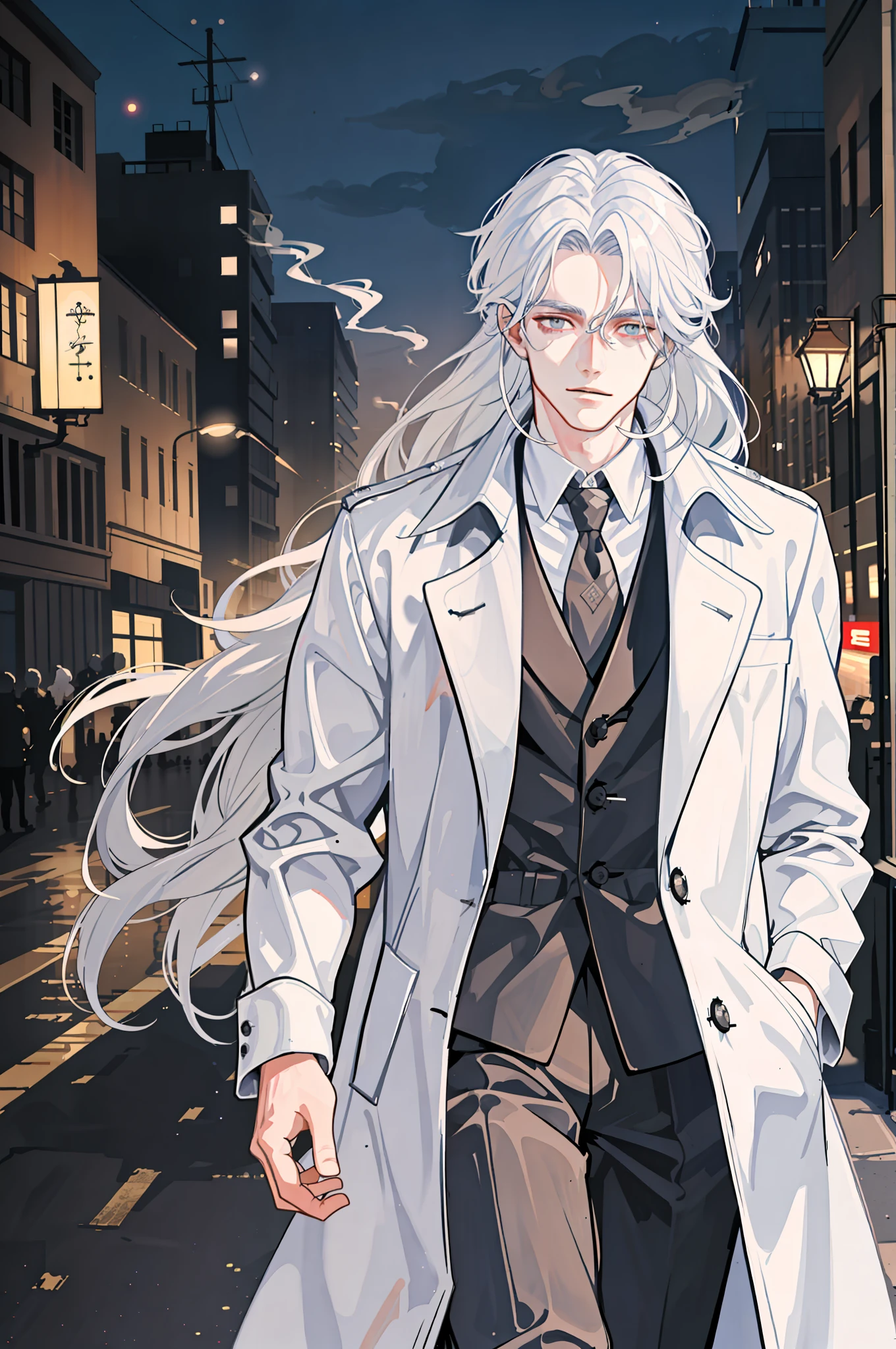 Best image quality, high quality, 8K, mature man, handsome, sumorous, long white hair flowing, walking in a white trench coat at night in the city, through smoke, shimmer and shadow, very visually striking.