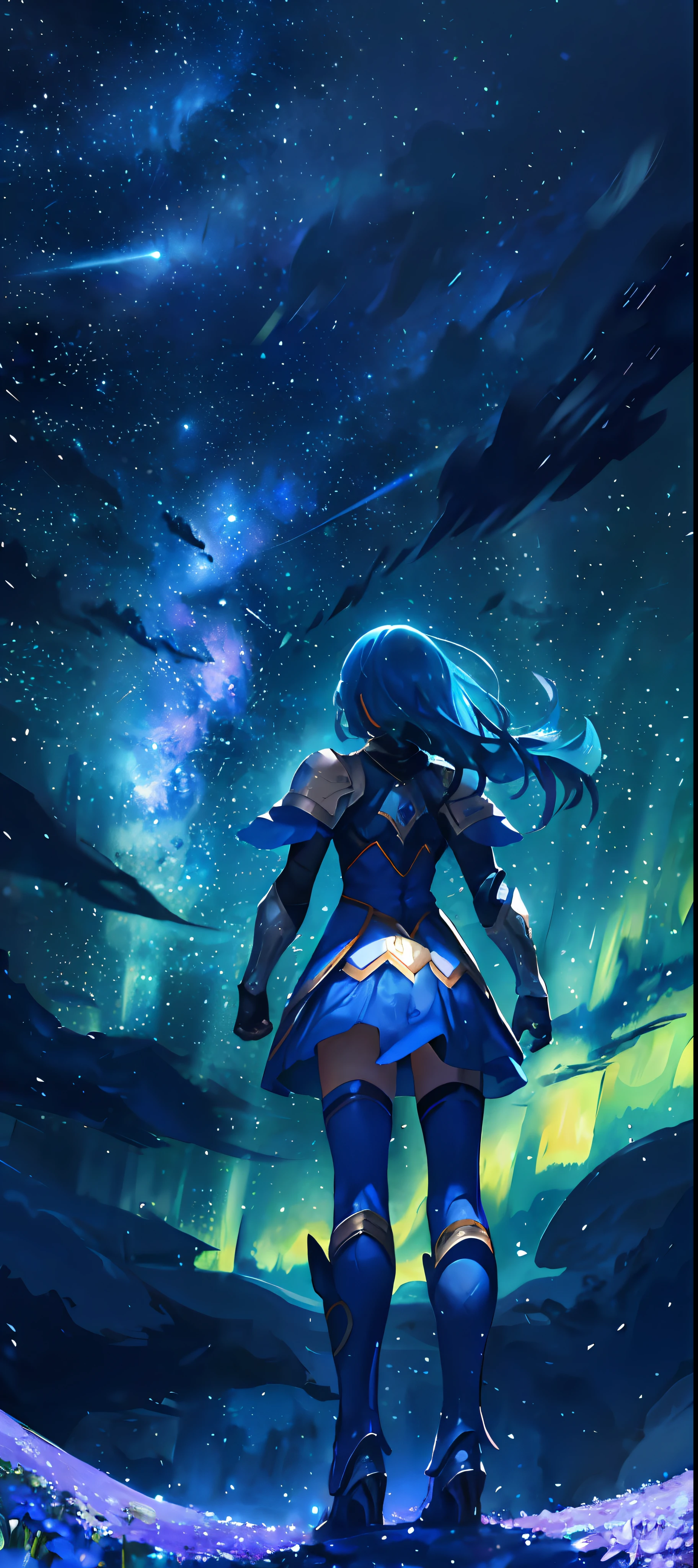 1girl, distant girl wearing a blue armor, staring at the stars, (zoomed out:1.1), (meteor shower:1.2), (comet:1.1), low angle, from behind, aurora borealis, shooting star, surrounded by flowers petals, standing in a field, best quality, masterpiece, cloud, colorful, starry, stars