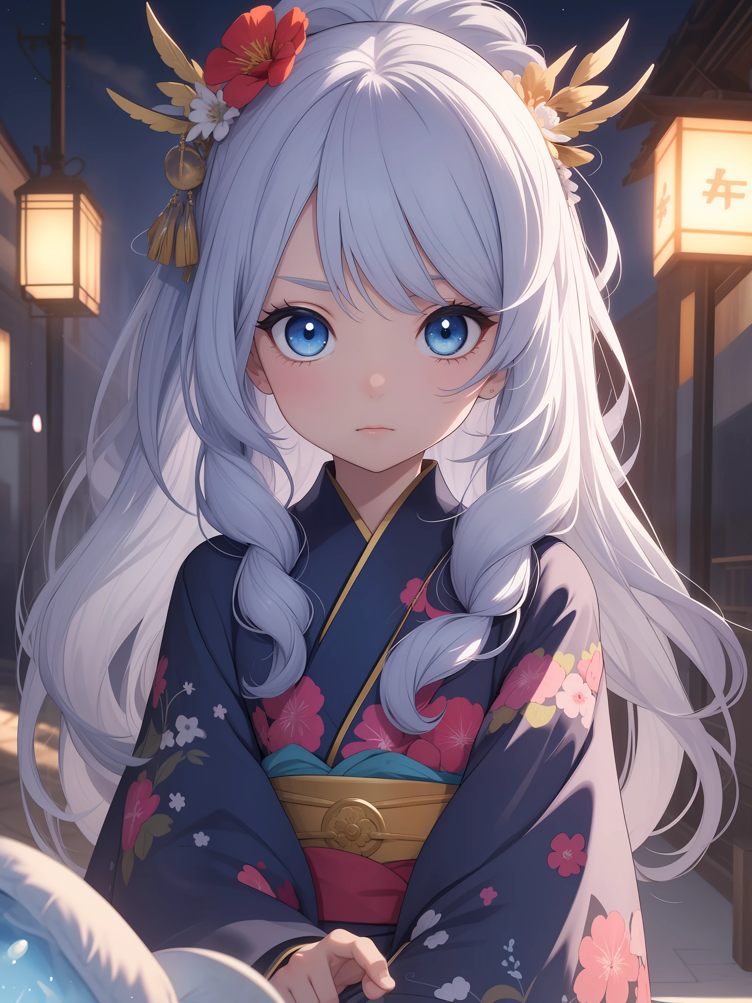 masterpiece, best quality, super detail, break, little girl figure, iridescent hair, big eyes, blue eyes, eyelashes long eyes,, break, night, break,disheveled kimono, break, fluffy bed, break, kimono, break, summer, break,
