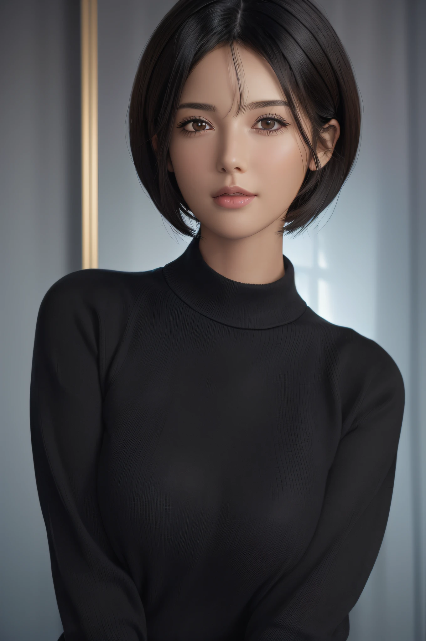 (8k, photorealistic, RAW photo, best quality: 1.4), (1girl), beautiful face, (realistic face), (black hair, short hair:1.3), beautiful hairstyle, realistic eyes, beautiful detailed eyes, (realistic skin), beautiful smooth natural skin, (sweater), attractive, ultra high definition, ultra realistic, highly detailed, golden ratio