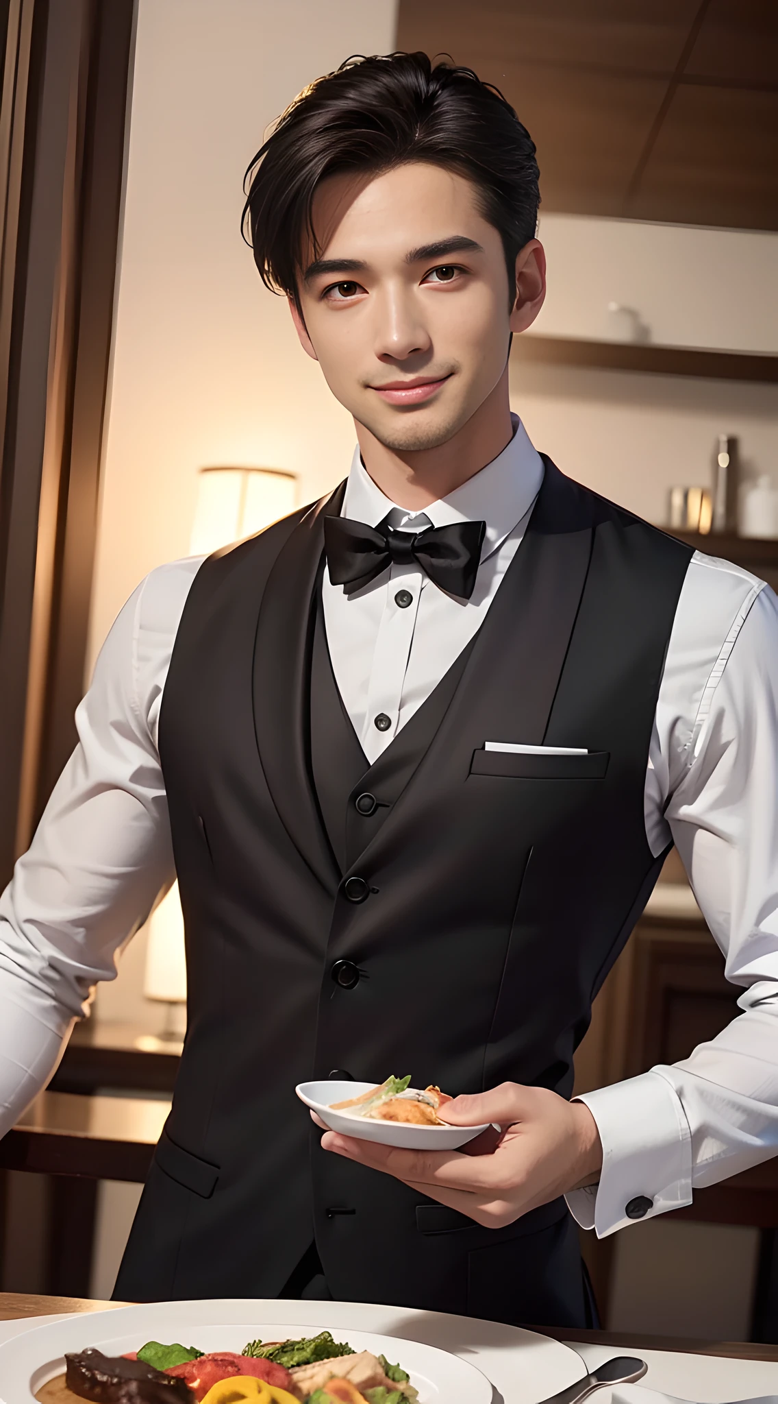 (handsome man in his 30's), handsome muscular waiter of the prestigious restaurant, he is in his 30's, silver uniform, food and drinks, mischievous smile, (high detail:1 1), Natural muscle、highly quality、beautiful eye、(detailed face and eyes)、(faceless:1 2)、noise、real photo、...PSD、sharp focus、high resolution 8k、Realistic and professional photos、8K UHD、soft lighting、highly quality、film grain、Fujifilm XT3