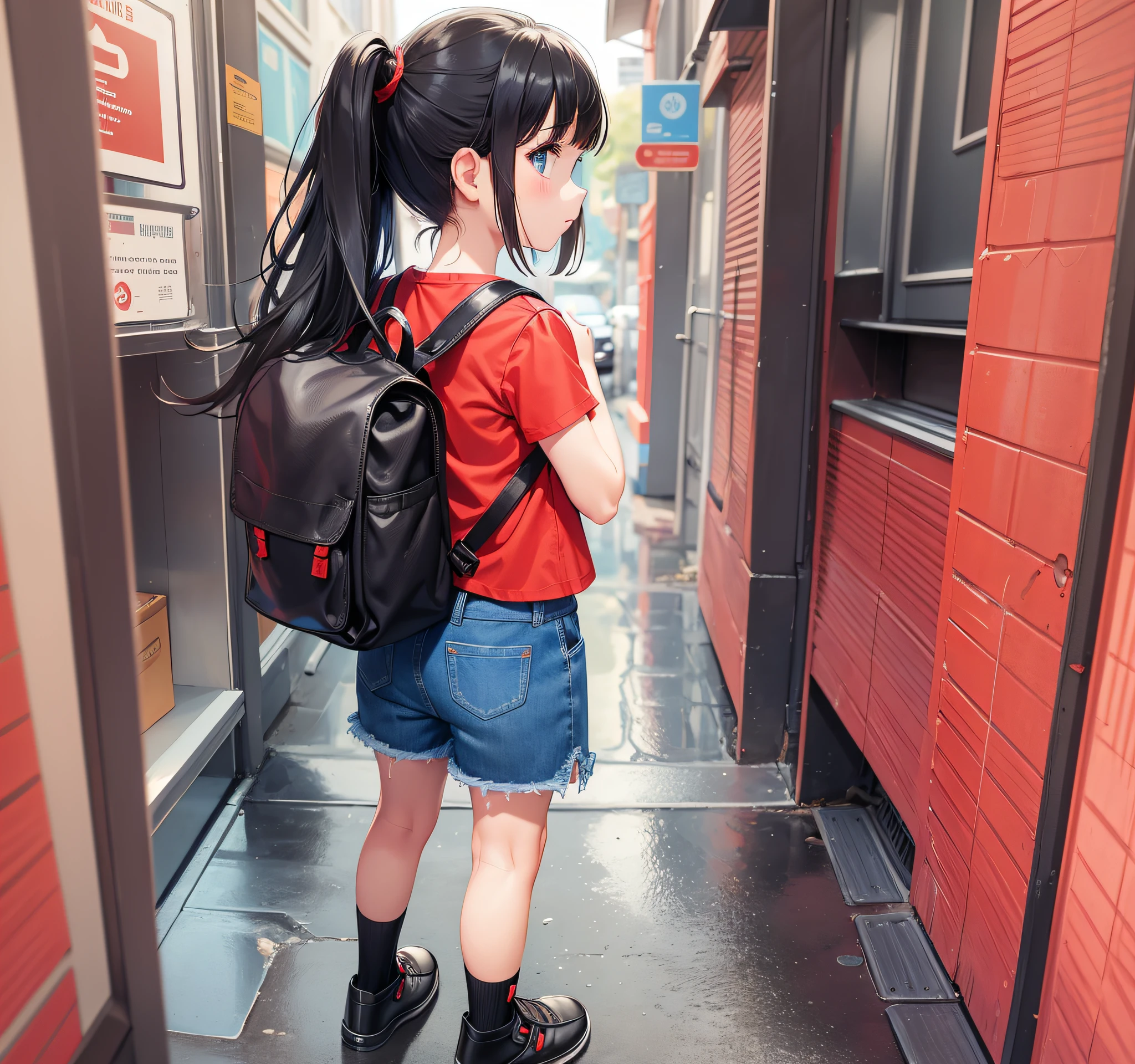 little girl character, back, children's book illustration style, simple, cute full color, red shirt, jean shorts, black leather shoes, flat color, explorer's backpack, long hair tied, --no outline