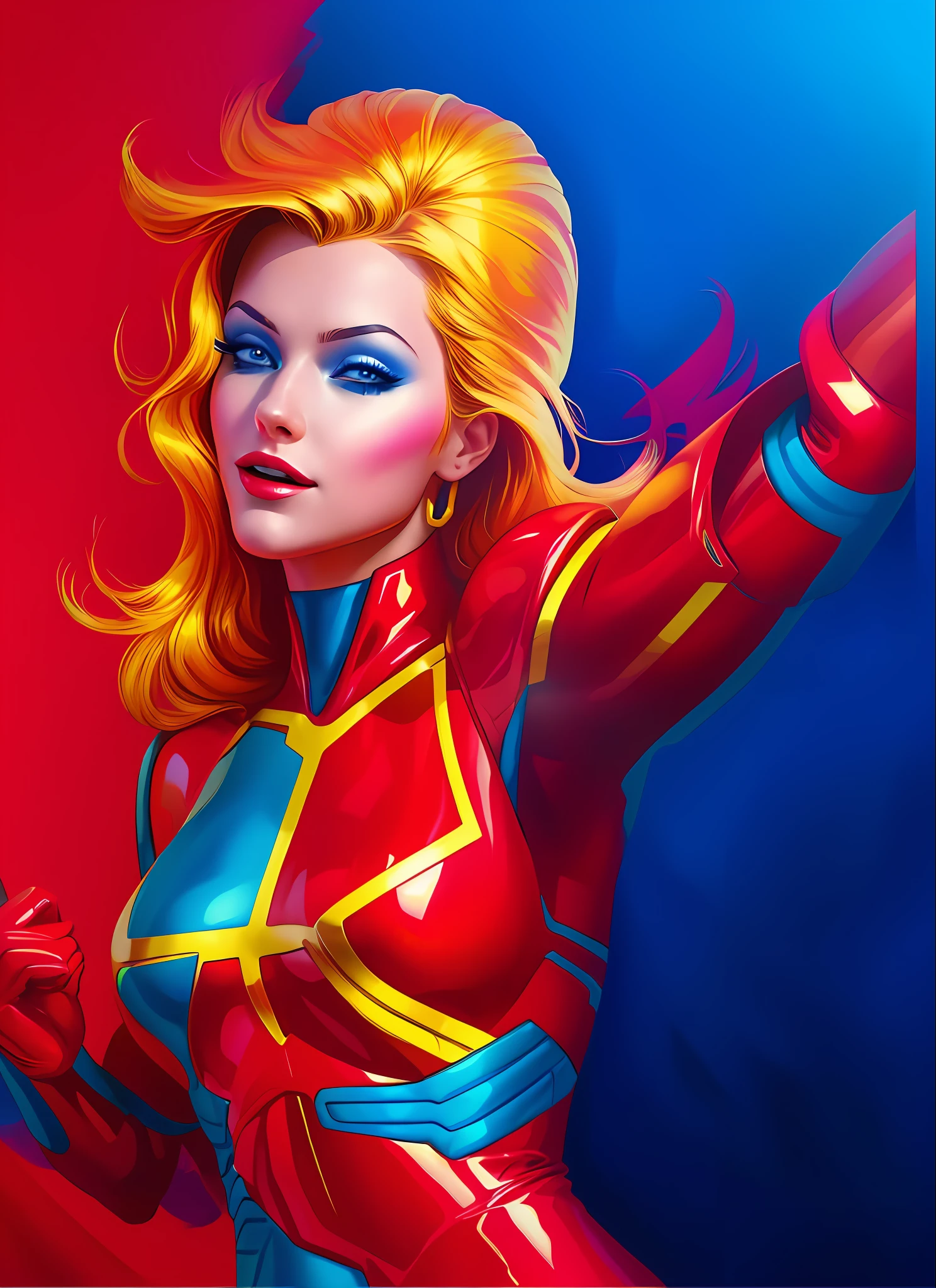 Digital painting of woman, comic book character, bright colors, blue background lights, latex clothes, red clothes, gold armor details, flowing hair, long hair, wallpaer