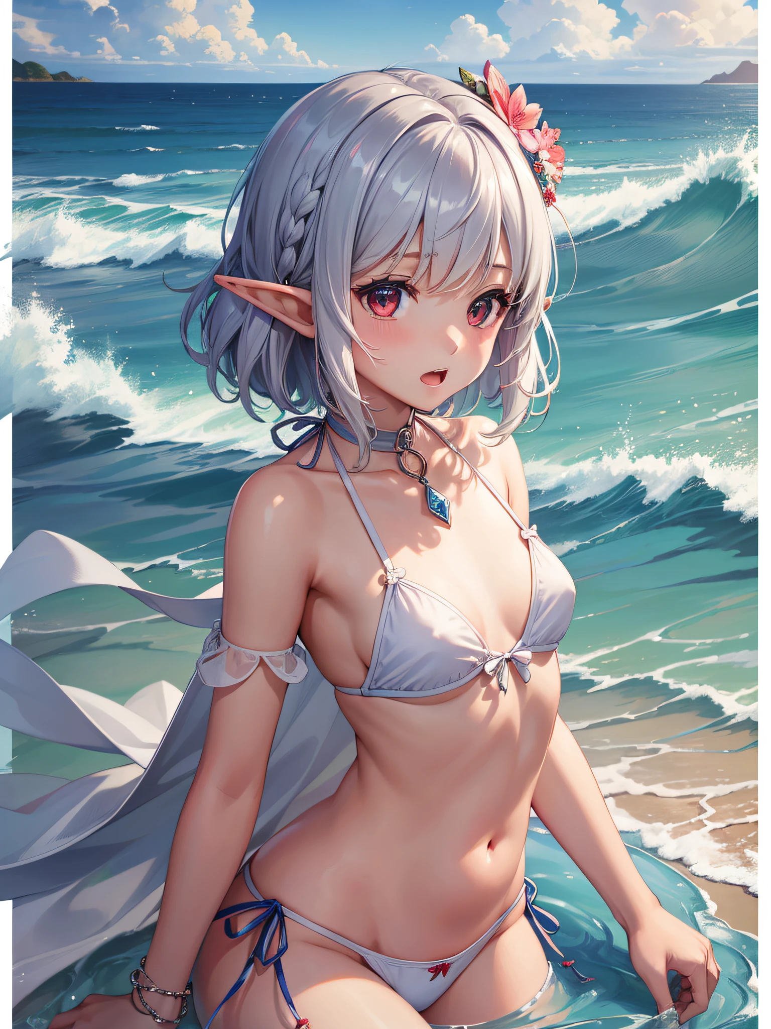 ((masterpiece ,)), ((Best Quality)), (Super Detail), ((extremely delicate and beautiful)), CUTE, Cutes, illustrations, , girl cute, 1Girl, solo、((Very small breasts)), Beautiful silver hair, short hair, tousled hair, Fine eyes、Beautiful red eyes、happy、Open mouth、Dynamic pose、((Bikini))、beach, ((elf)),hair ornament、sunlight、wind、xia、Streaks、Entering the sea、Wading, (((full body))), Dakimakura、
