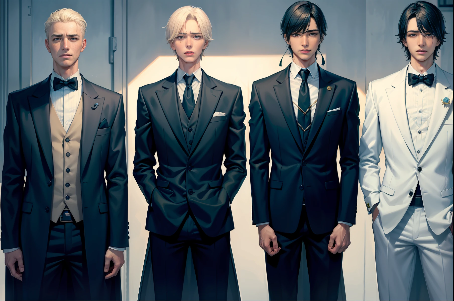 Three mature boys, boys, suits, ropes, long legs, bindings, tongue sticking, rolling eyes, tears 8k