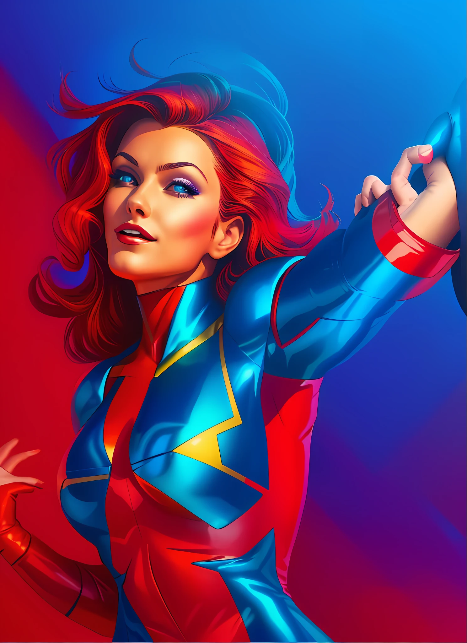 Digital painting of woman, comic book character, bright colors, blue background lights, latex clothes, red clothes, gold armor details, flowing hair, long hair, wallpaer