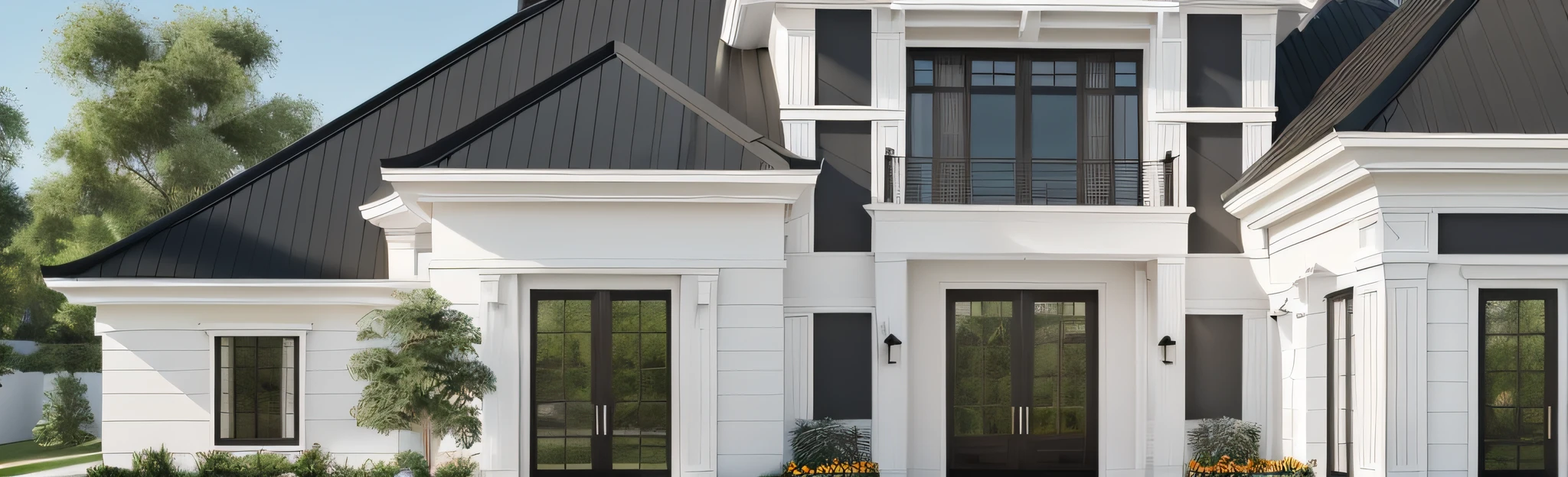 There is a white villa, black roof and black roof, super realistic, clear and smooth lines, bright rendering, realistic images, powerful details, stunning images, architectural visualization, American classic style, looks realistic, passive house, tone color outdoor, really realistic images, clear and smooth lines, photo realistic, beautiful images, modern outside --auto --s2