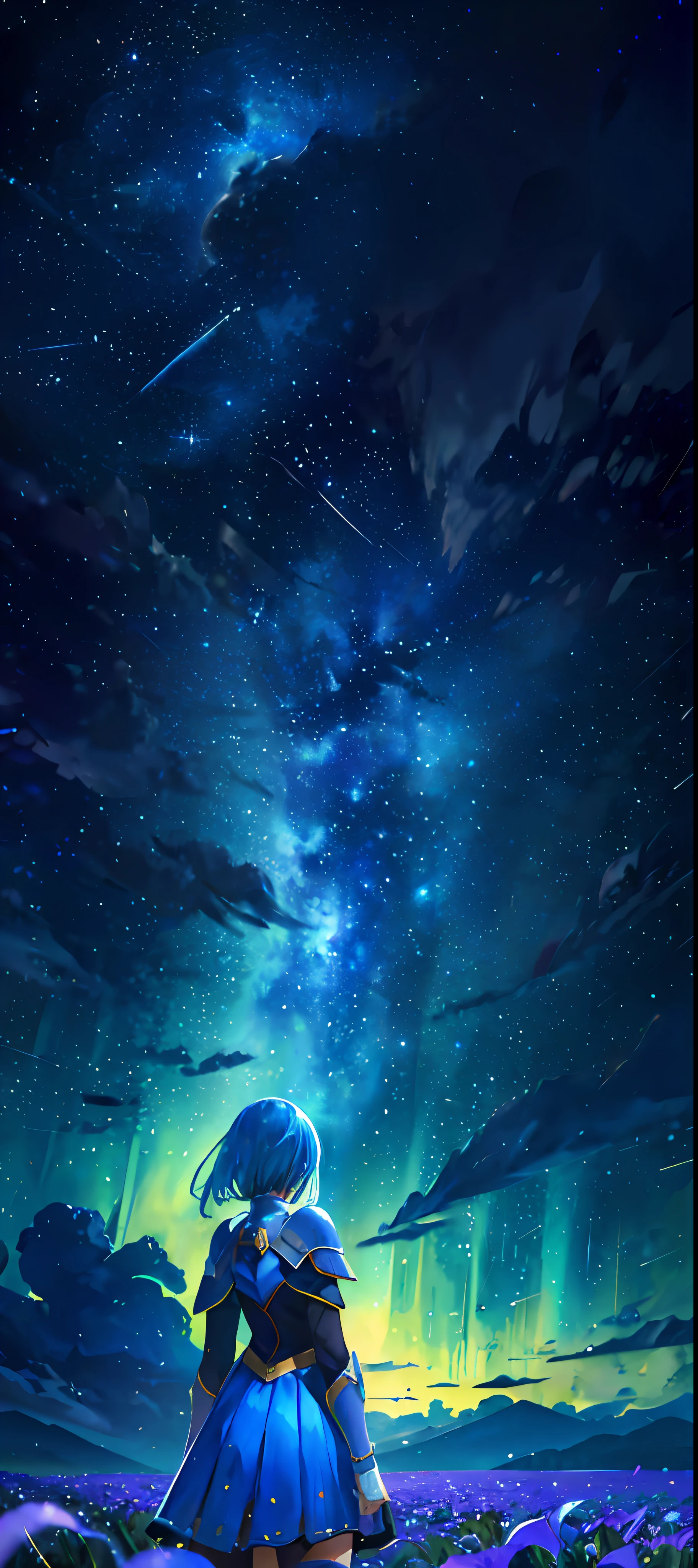 1girl, distant girl wearing a blue armor, staring at the stars, (zoomed out:1.1), (meteor shower:1.2), (comet:1.1), low angle, from behind, aurora borealis, shooting star, surrounded by flowers petals, standing in a field, best quality, masterpiece, cloud, colorful, starry, stars