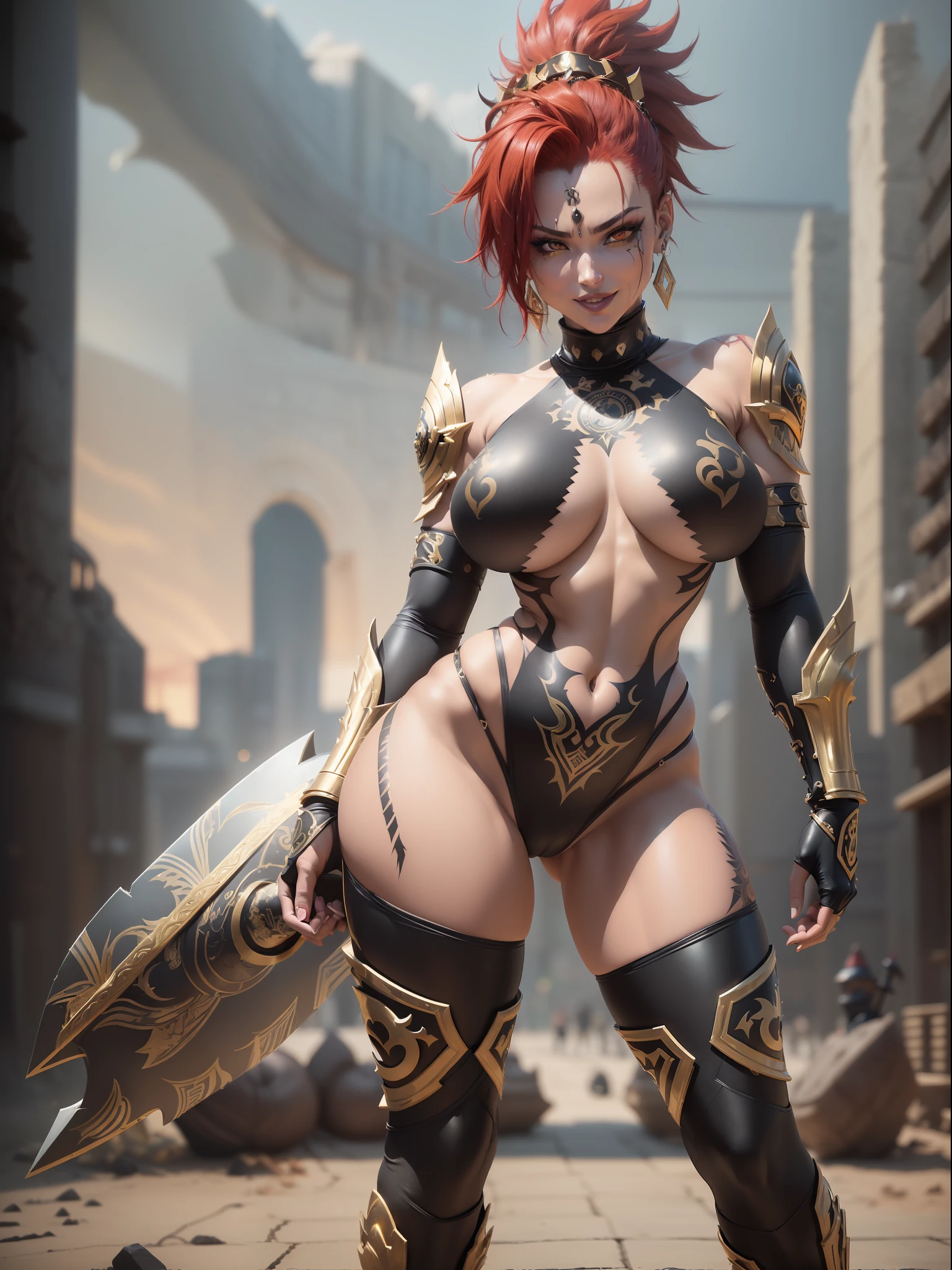 ((Full body):2) (({Only 1/Female}):1.5):{((wearing black Spartan warrior costume with gold parts, extremely sexual, short and tight on the body):1.5), (( extremely large breasts):1.5), ((red mohawk hair, red eyes):1.5) ((tattoos all over body, blood running down body, looking at viewer, seductive smile):1.5), ((striking erotic poses) :1.5)}; {((Background:Spartan city full of Spartan warriors):1.5)}, Hyperrealism, 16k, ((best quality, high details): 1.4), anatomically correct, masterpiece, UHD