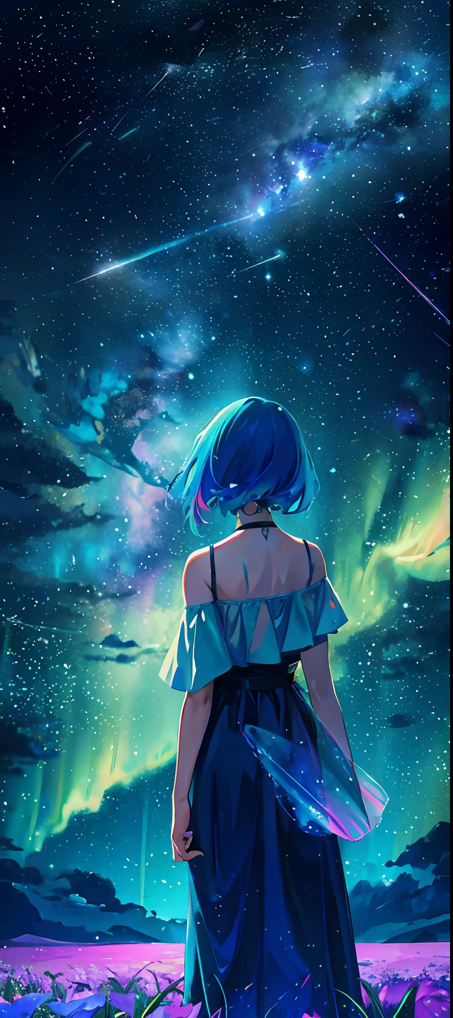 1girl, distant girl, rainbow colored hair, wearing a teal dress armor, staring at the stars, (zoomed out:1.1), (meteor shower:1.2), (comet:1.1), low angle, from behind, aurora borealis, shooting star, surrounded by flowers petals, standing in a field, best quality, masterpiece, cloud, colorful, starry, stars