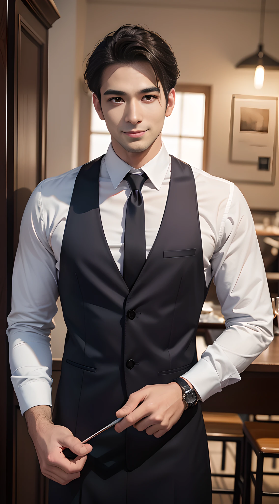 (handsome man in his 30's), handsome muscular waiter of the prestigious restaurant, he is in his 30's, silver uniform, food and drinks, mischievous smile, (high detail:1 1), Natural muscle、highly quality、beautiful eye、(detailed face and eyes)、(faceless:1 2)、noise、real photo、...PSD、sharp focus、high resolution 8k、Realistic and professional photos、8K UHD、soft lighting、highly quality、film grain、Fujifilm XT3