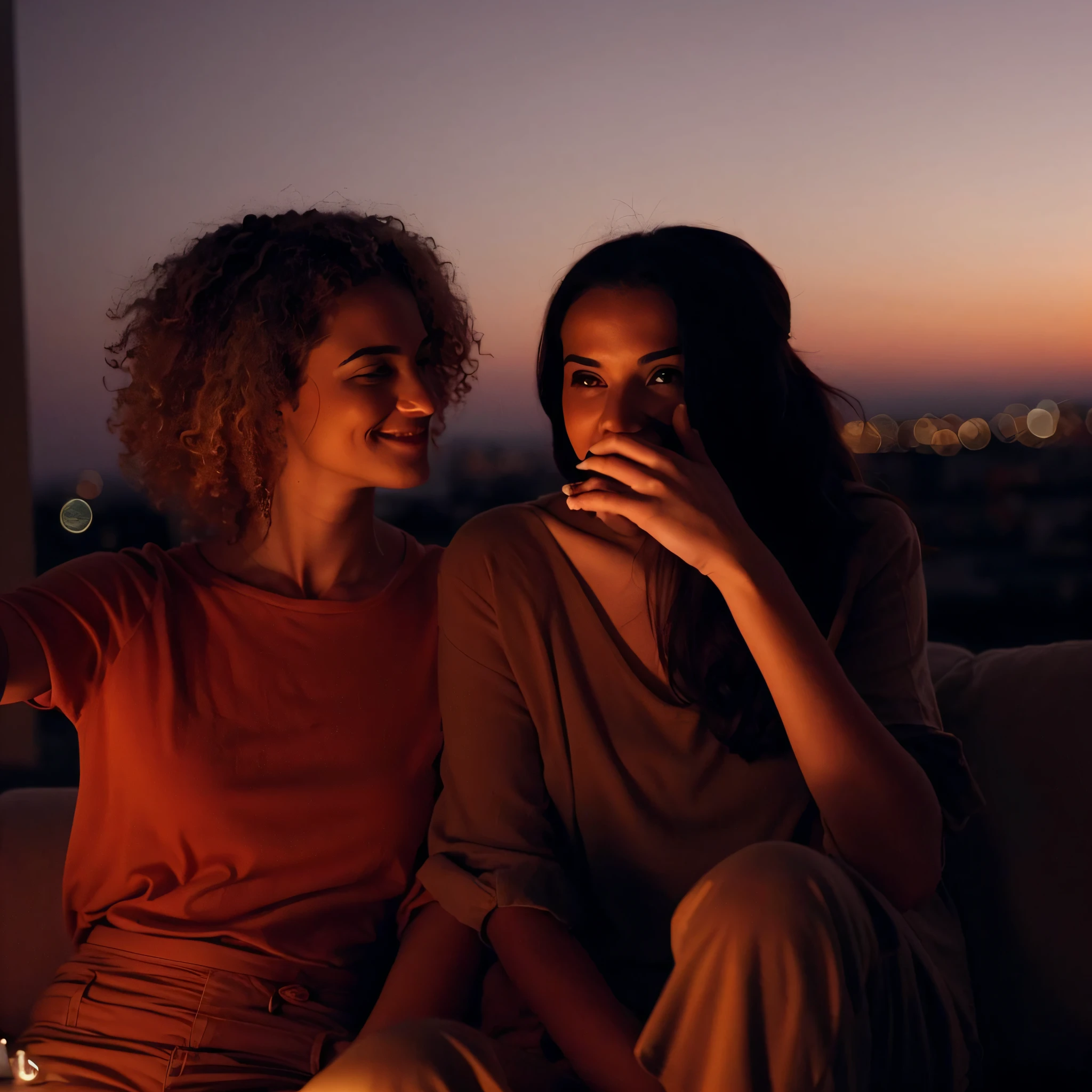 two women sitting on a couch talking on their cell phones, photo taken at night, late evening, sunset mood, having a good time, warm glow from the lights, on rooftop, ad image, summer evening, promo image, late summer evening, on a rooftop, two women, morning glow, warm glow, night mood, netflix, description, at night time