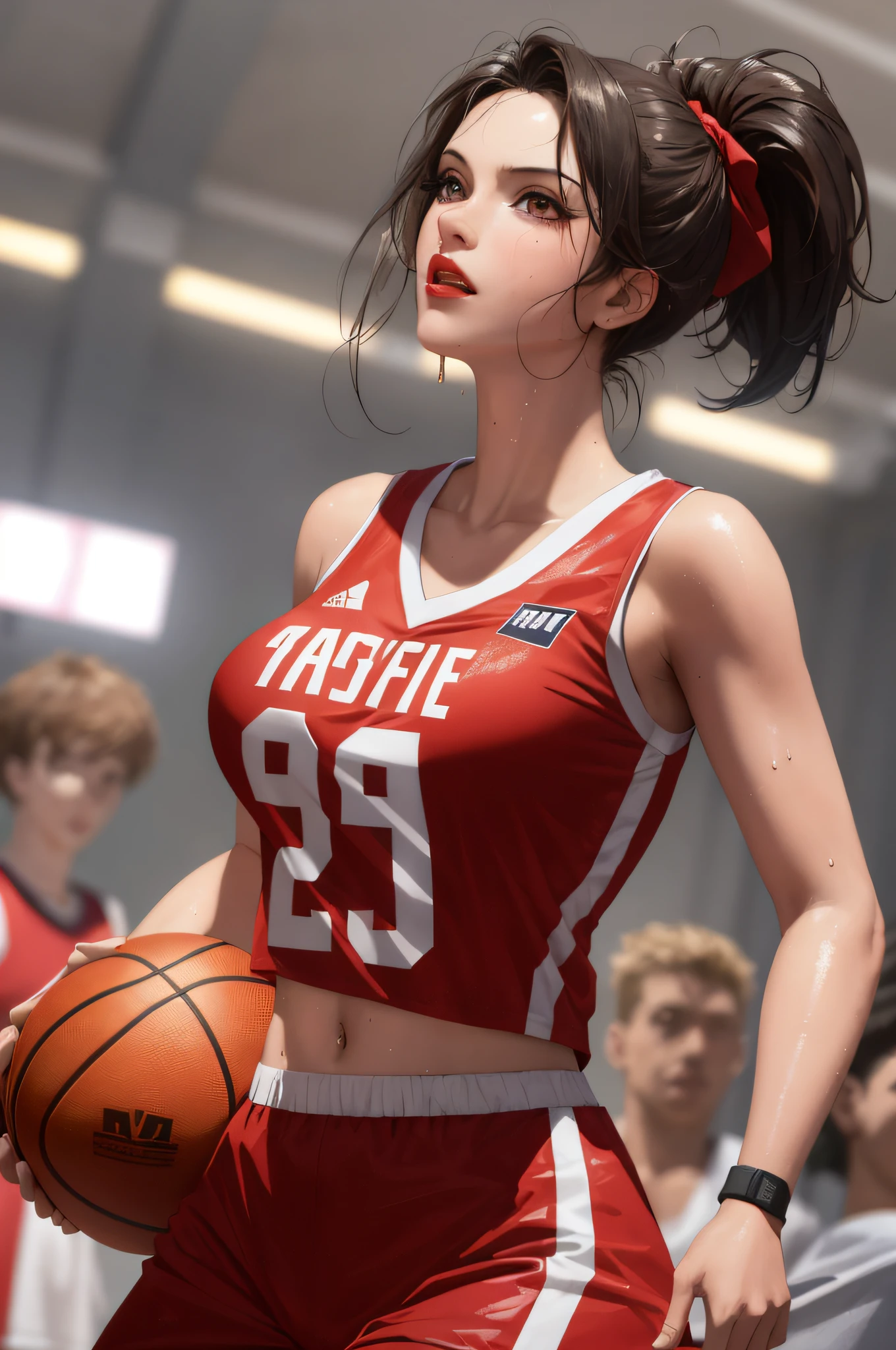Masterpiece: 1.2, best quality), realistic, (real picture, rich details details, depth of field), (1girl, solo), makeup, cleft lip, high detail, perfect face shape, (big breasts: 1.4), (skindentation ), rough Thighs, Wide Hips, Slim Waist, Tall, Coral, Red Lips, Red Eyes, Ponytail (Girl Playing Basketball, Red Basketball Jersey), (Sweat: 1.2), (Wet), Sexy, Blushing,