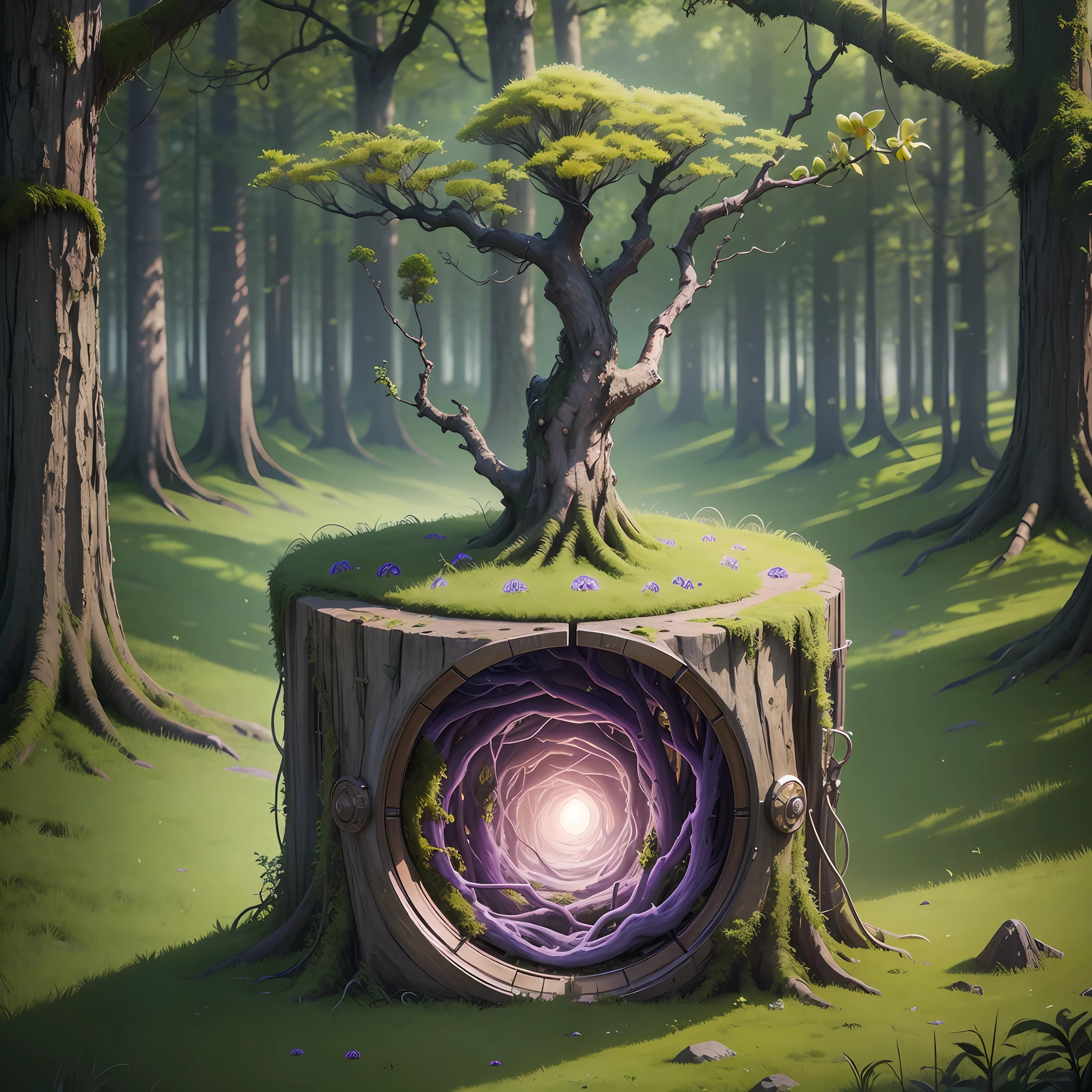 Computer Visualized Graphics, Realistic Fantasy, Extensive Landscape Ultrasound Photography (general view showing an orchid inside, roots, tree, moss), blurred background, gloomy, yellow, green, purple