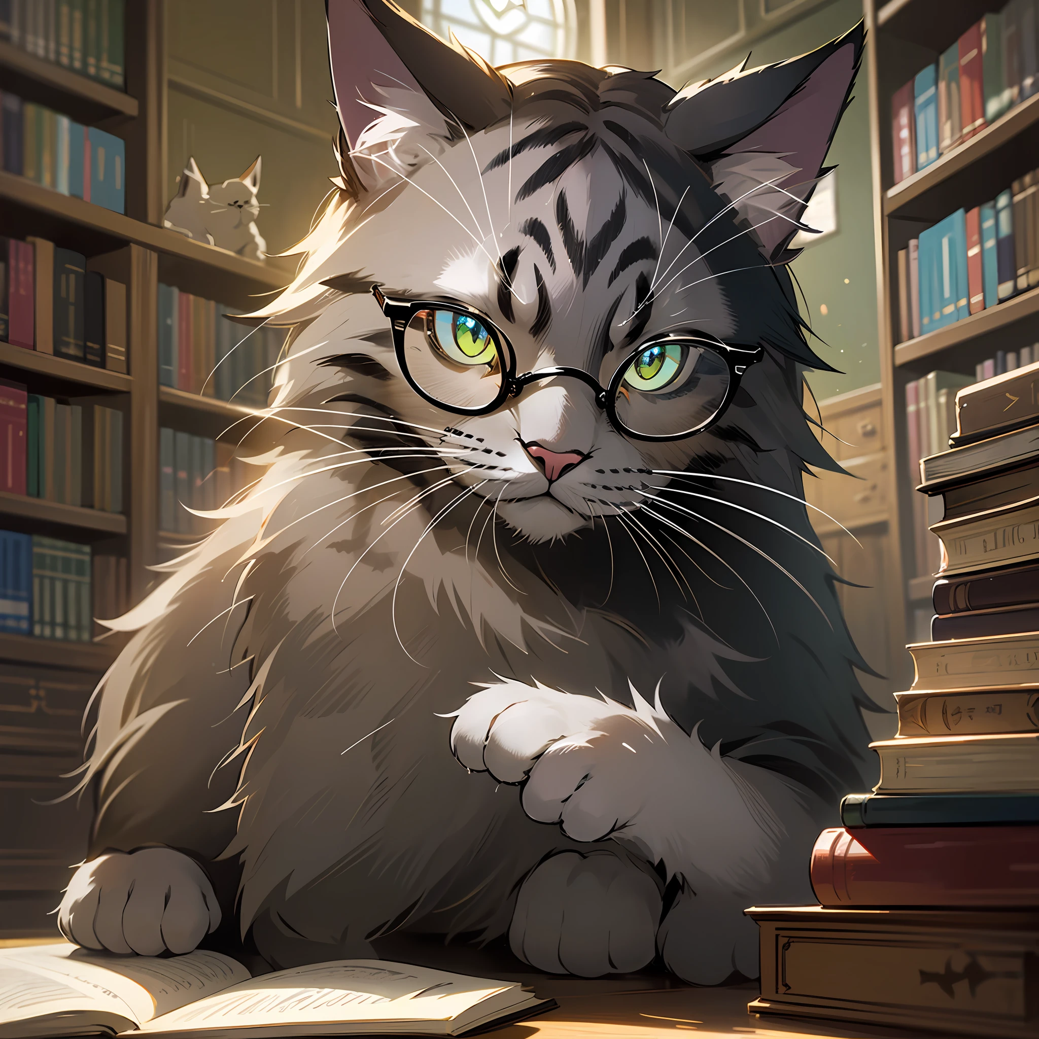There is a cat who is sitting at a table with a book, a hyper-realistic portrait, intellectual cat, bespectacled, dark cat half morbid, dark_stichted_cloak, (subtle HDR:1.3), (realistic skin texture:1.25), studious, trying to read, wearing glasses, some sparkles and specifications, with glasses, looking at the camera, serious business, librarian, dark cat photo, super focused, amazing cat, reading glasses