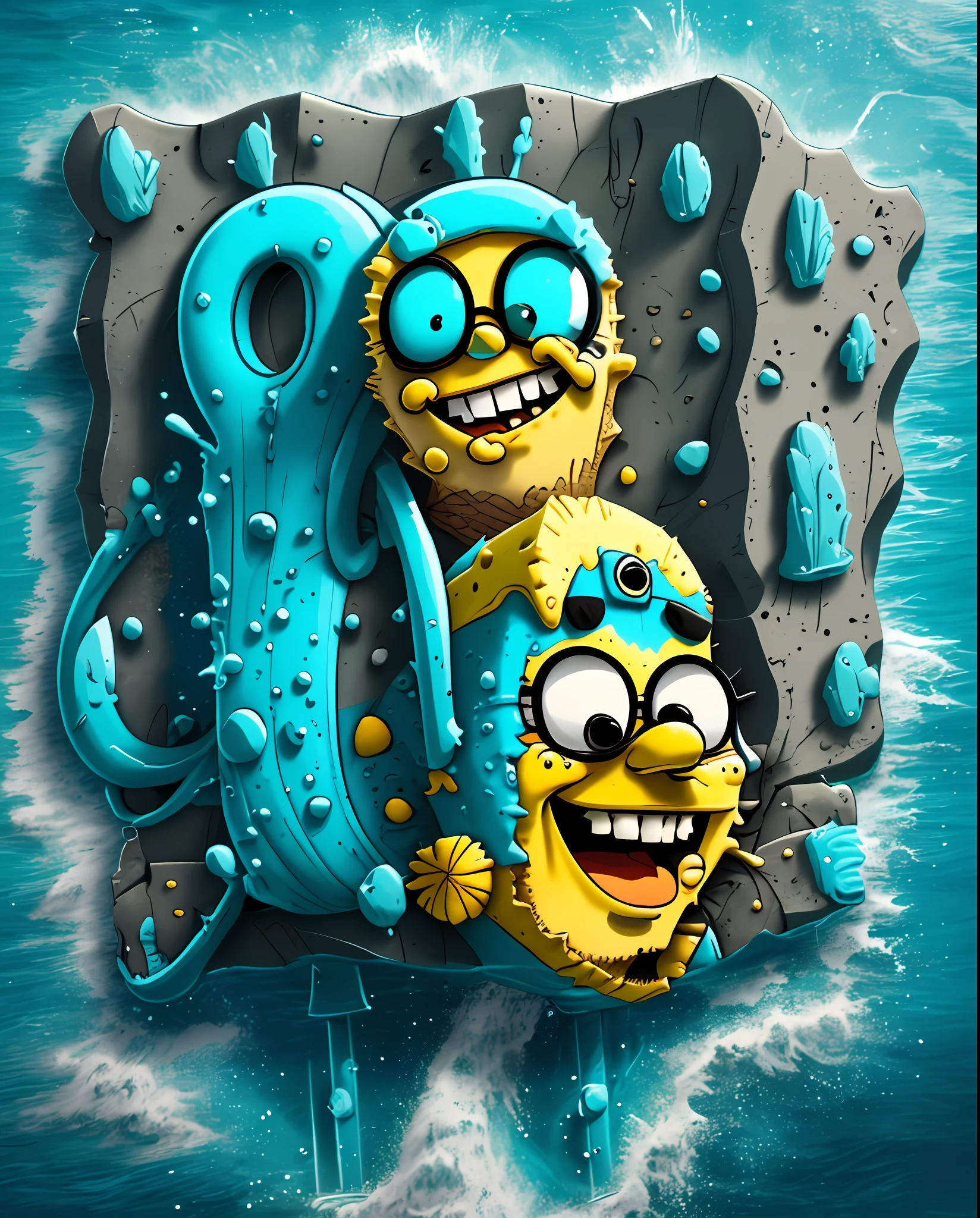Ocean, Sponge bob, Fortnite style, maximalism style, grafitty style