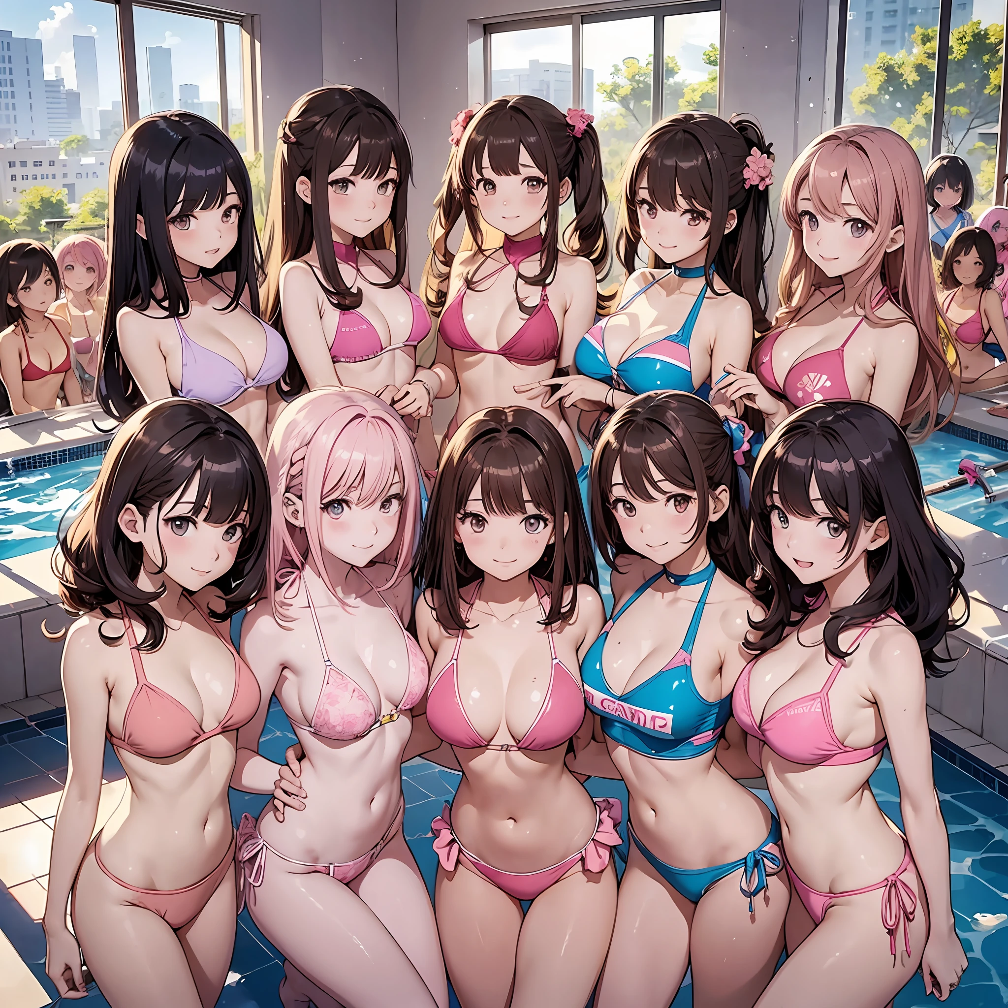 perfect anime illustration, 12girls, clones, identical sisters, sisters crowded together, sisters in background, matching hairstyles, brown hair, curly hair, matching hairstyle, hazel eyes, smiling, ((pink Bikinis, matching bikinis)), indoor pool, highres, full body